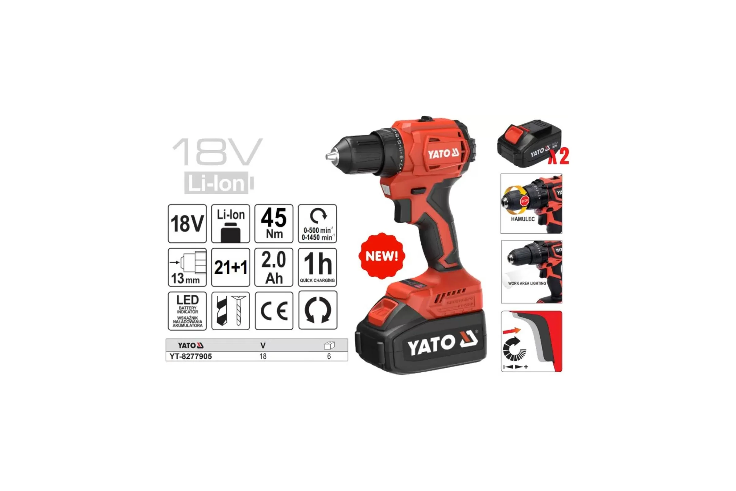 Аккумуляторная бесщёточный шуруповерт YATO 18V YT-8277905