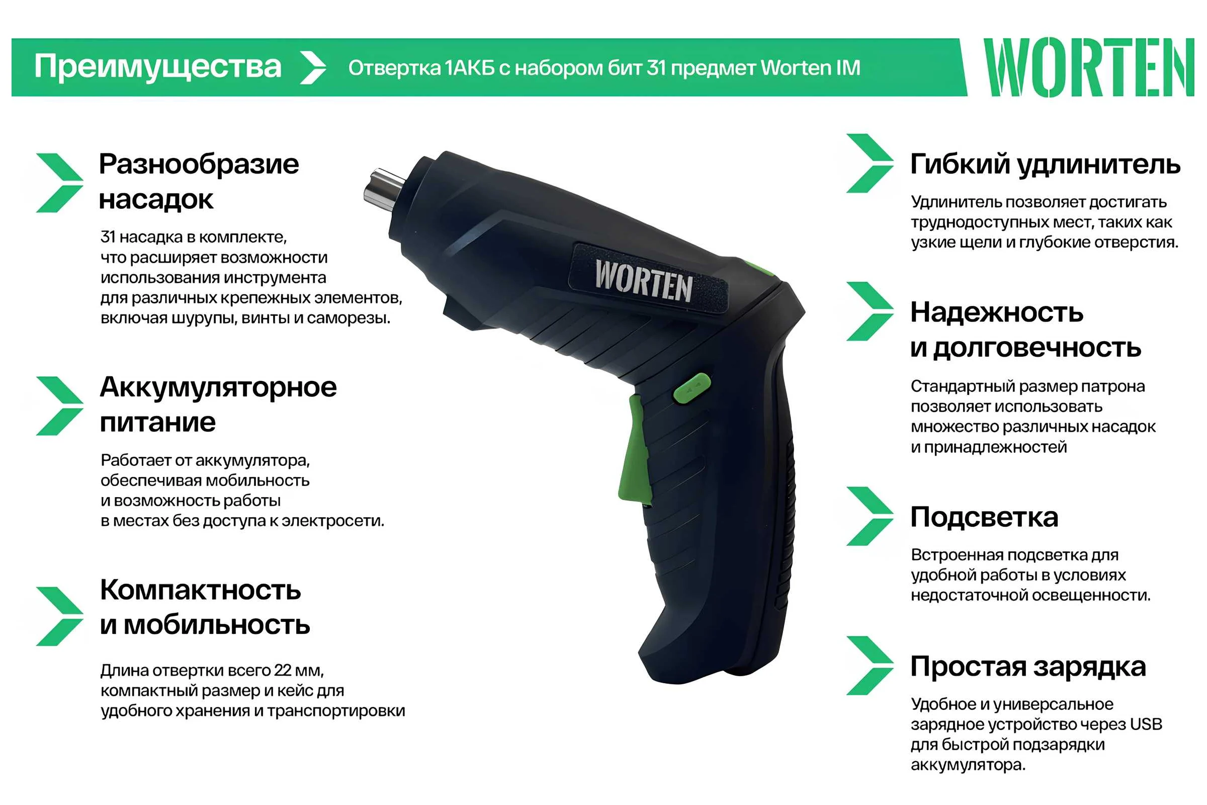Аккумуляторная отвертка WORTEN 4В, 1АКБ, 1,3 Ач, с набором бит 31 предмет КА-90000327