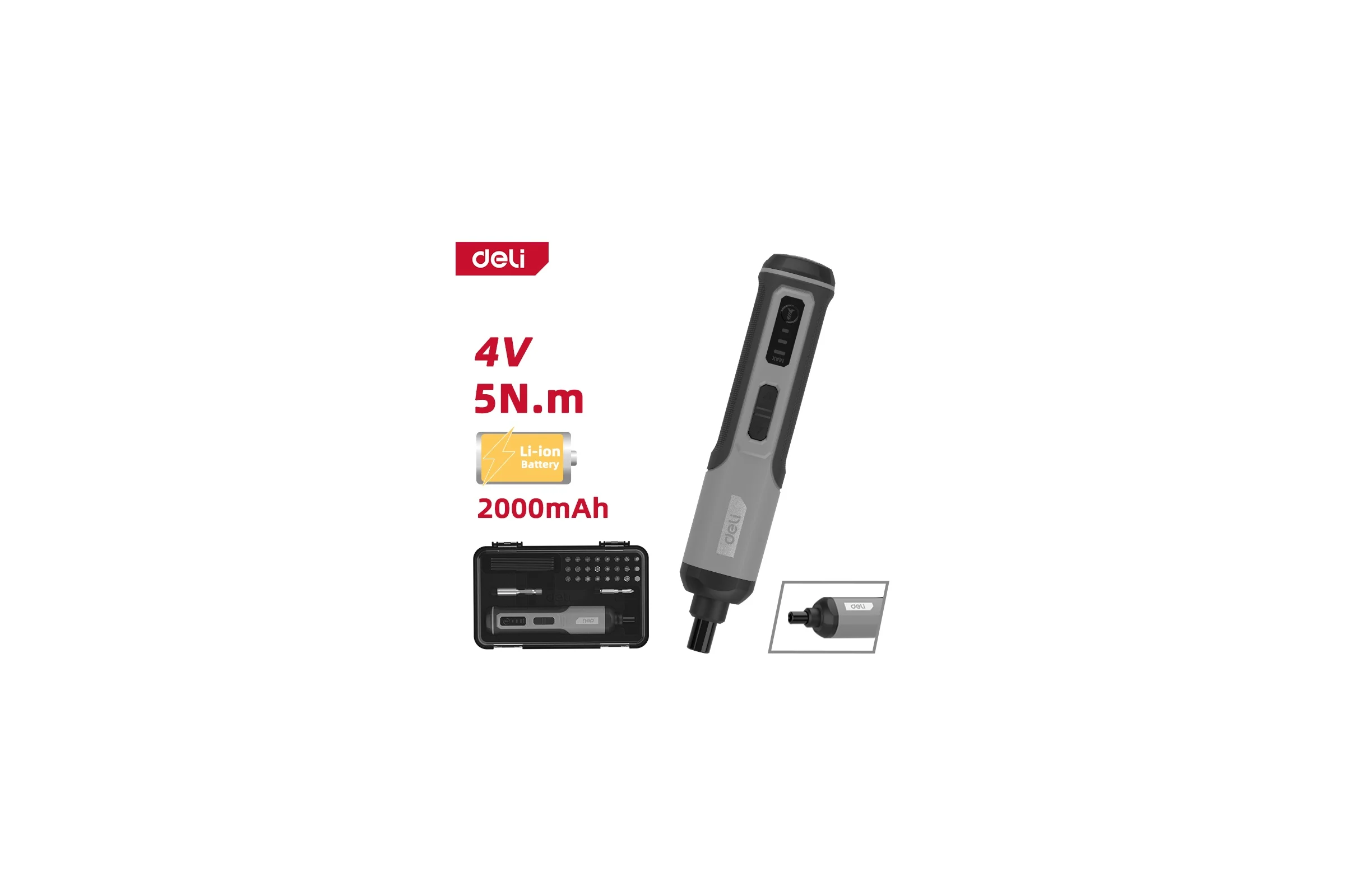 Отвертка аккумуляторная DELI DC161 (4В х 2Ач, 5Нм, 300об/мин, Type-C, набор бит 24 шт, кейс) 162802