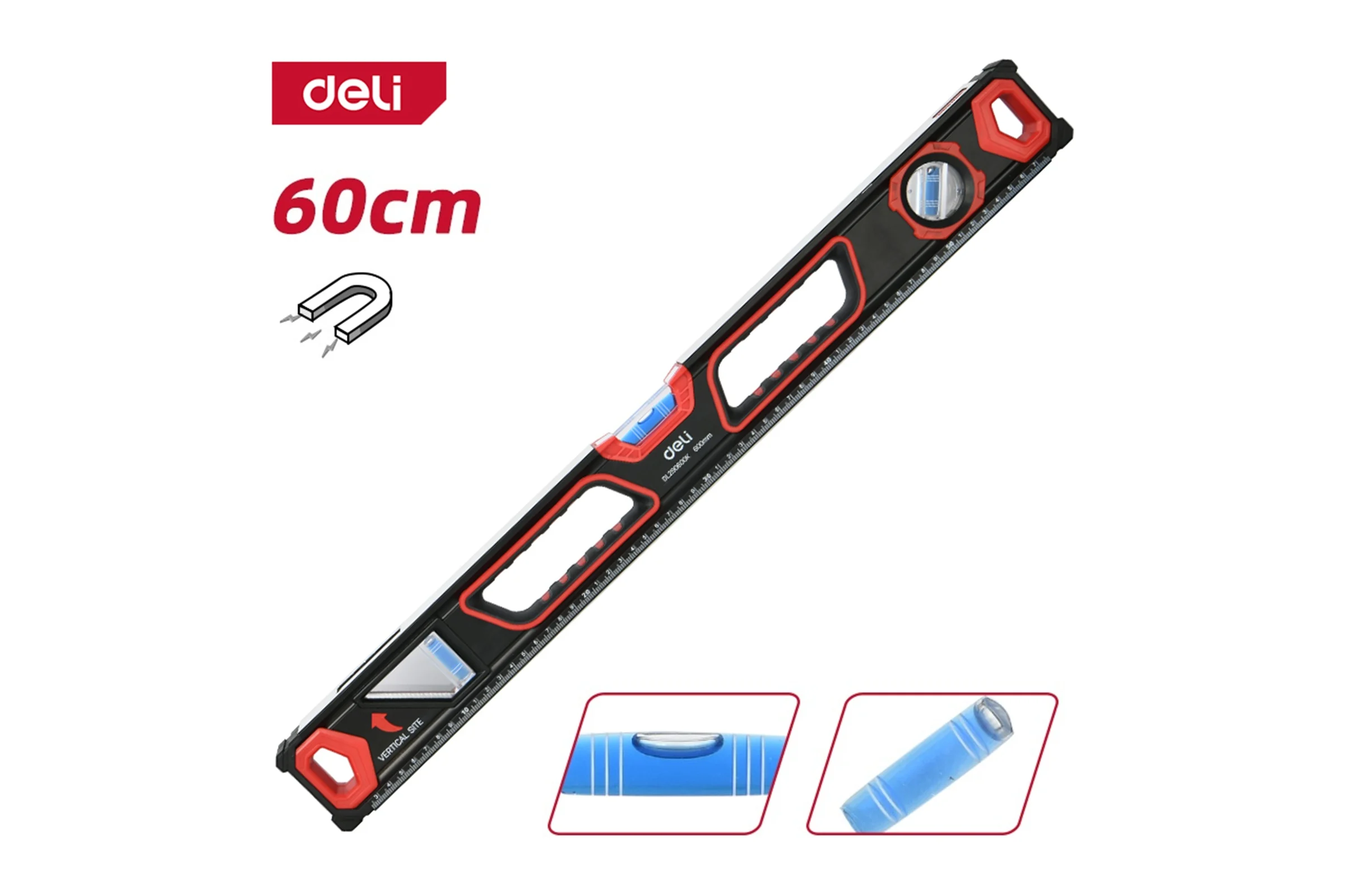 Строительный уровень DELI 600мм DL290600K зеркальный глазок, двухсторонняя фрезеровка, резиновые заглушки 169209
