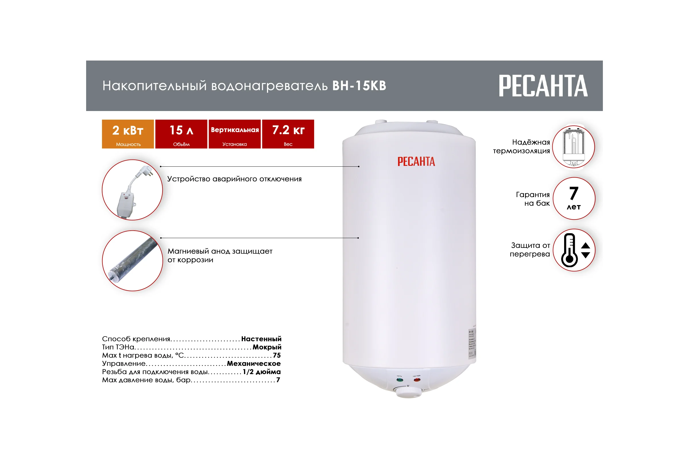 Накопительный водонагреватель Ресанта круглый ВН-15КВ 74/5/11