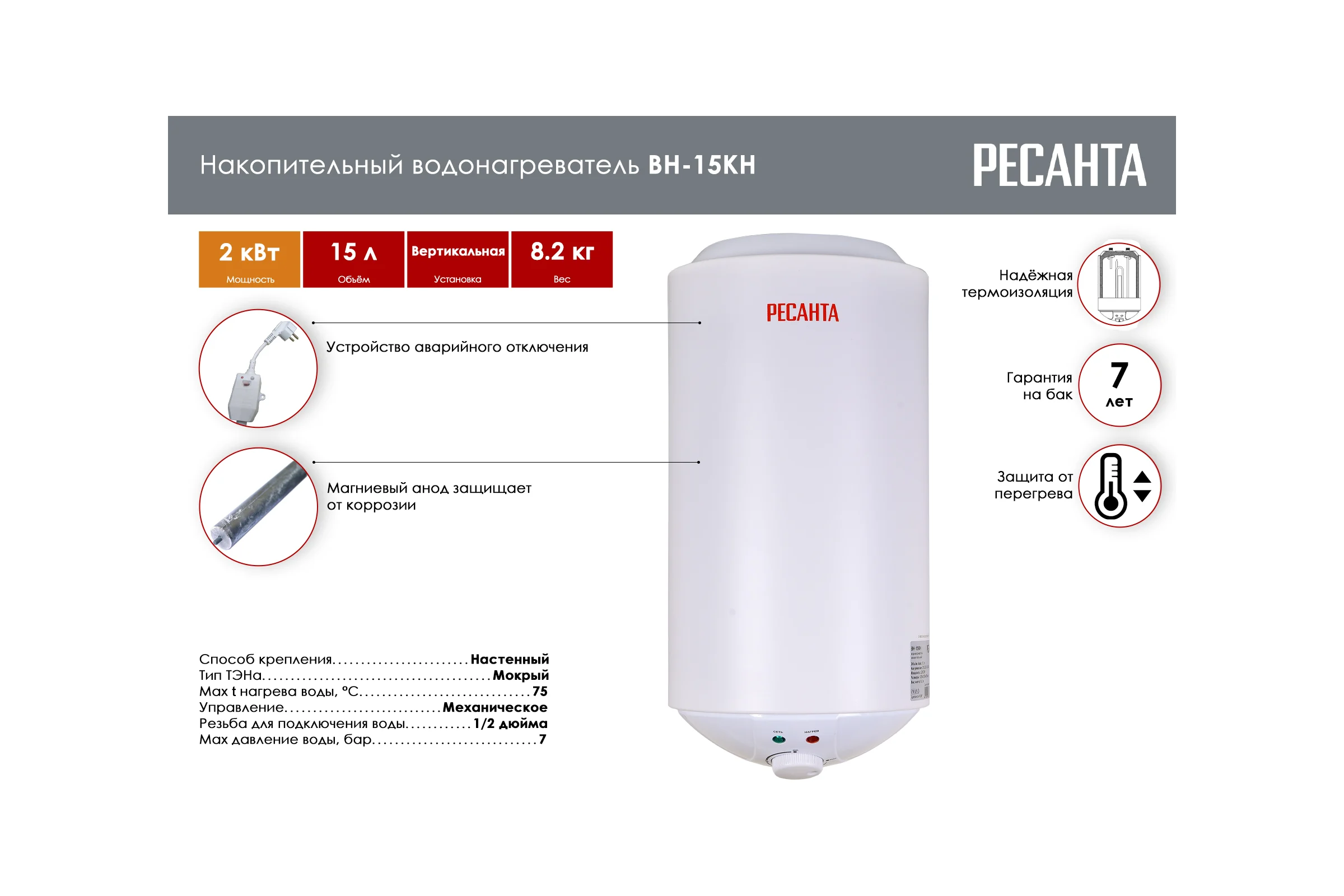Накопительный водонагреватель Ресанта круглый ВН-15КН 74/5/12