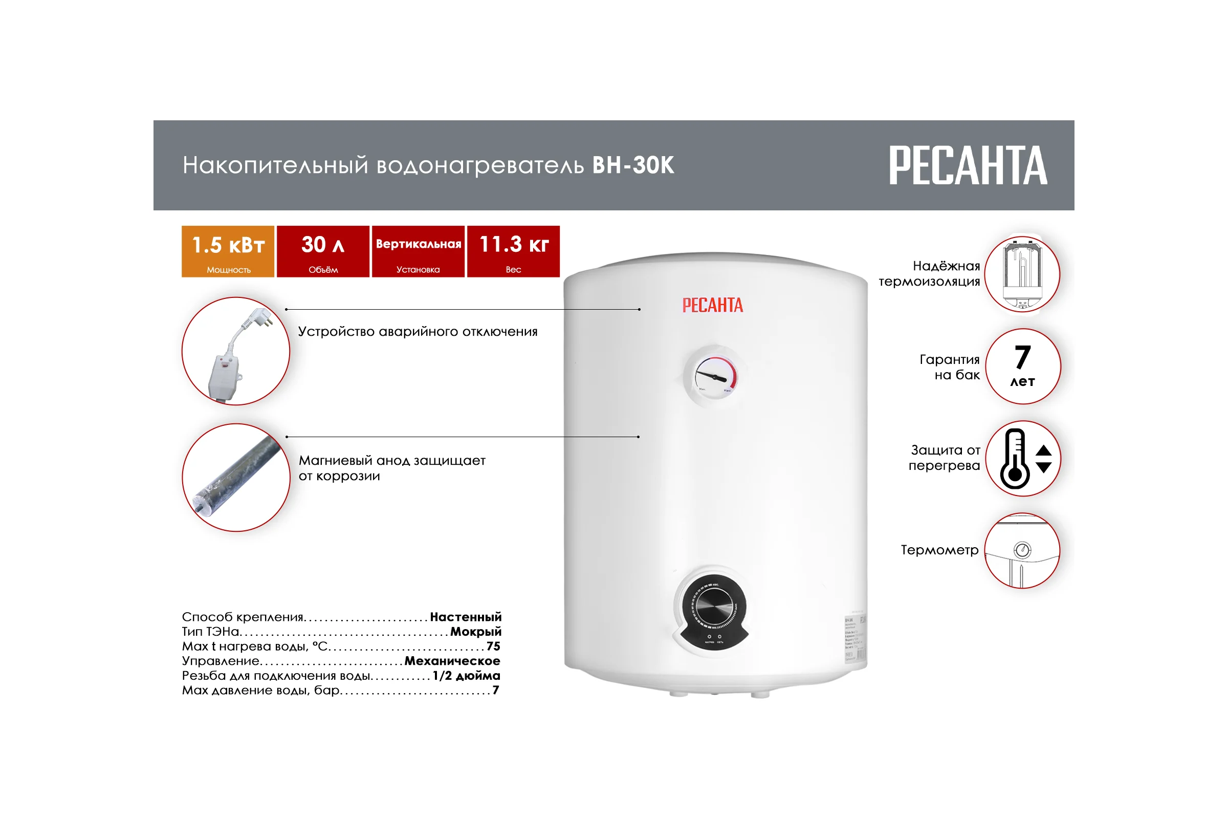 Накопительный водонагреватель Ресанта круглый ВН-30К 74/5/13