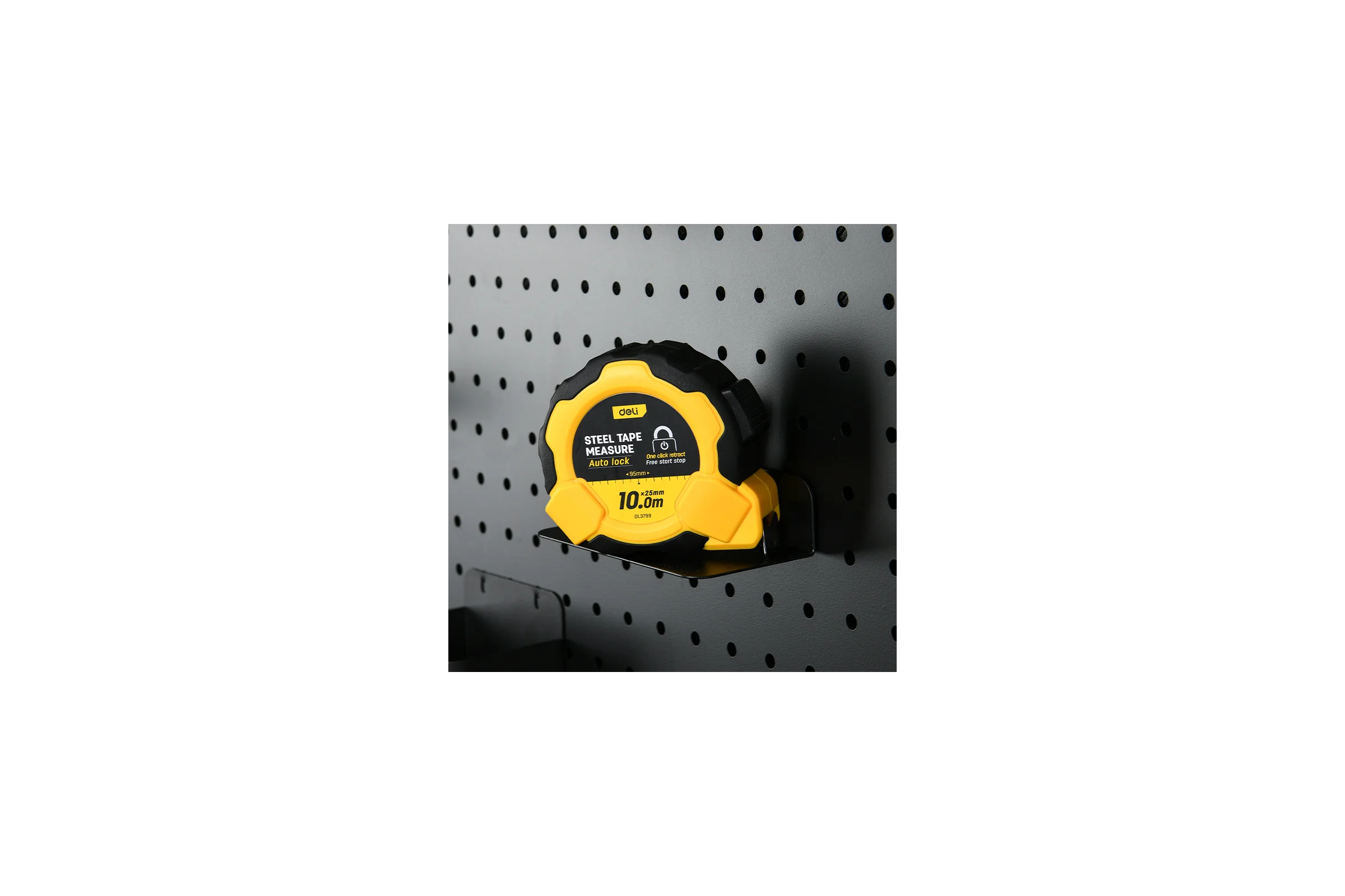 Рулетка DELI 10м х 25мм DL3799 (Автостоп, ударопрочный обрезиненный корпус, метрическая, клипса, ремешок) 166282