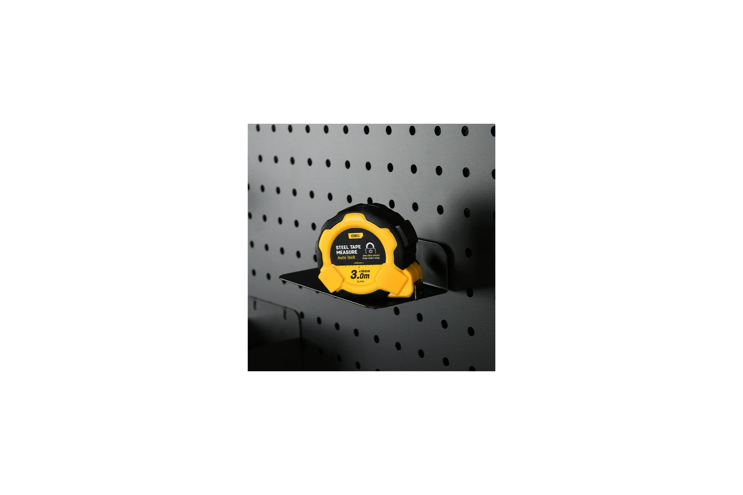 Рулетка DELI DL3795 3м х 16мм (Автостоп, ударопрочный обрезиненный корпус, метрическая, клипса, ремешок) 166270