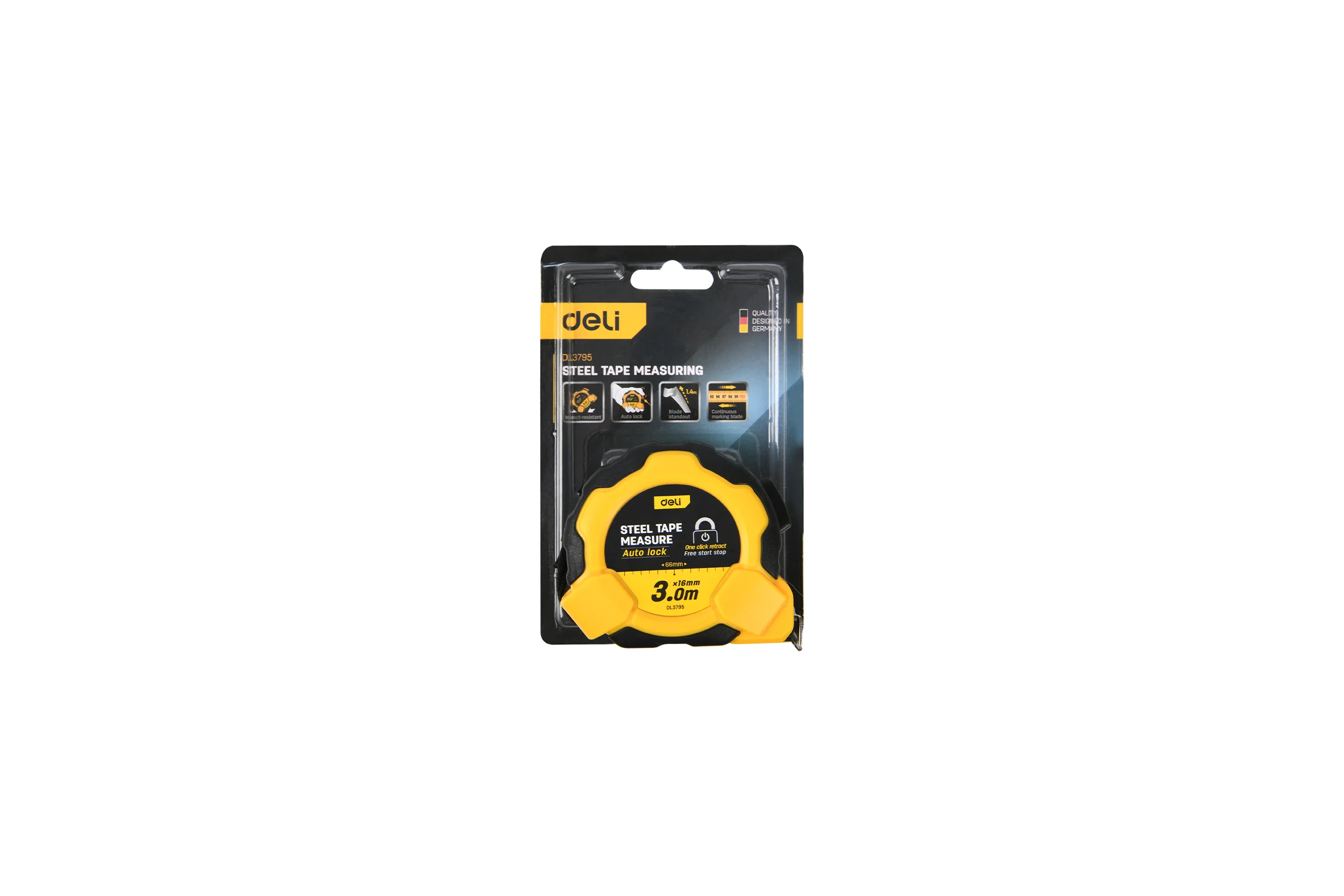 Рулетка DELI DL3795 3м х 16мм (Автостоп, ударопрочный обрезиненный корпус, метрическая, клипса, ремешок) 166270