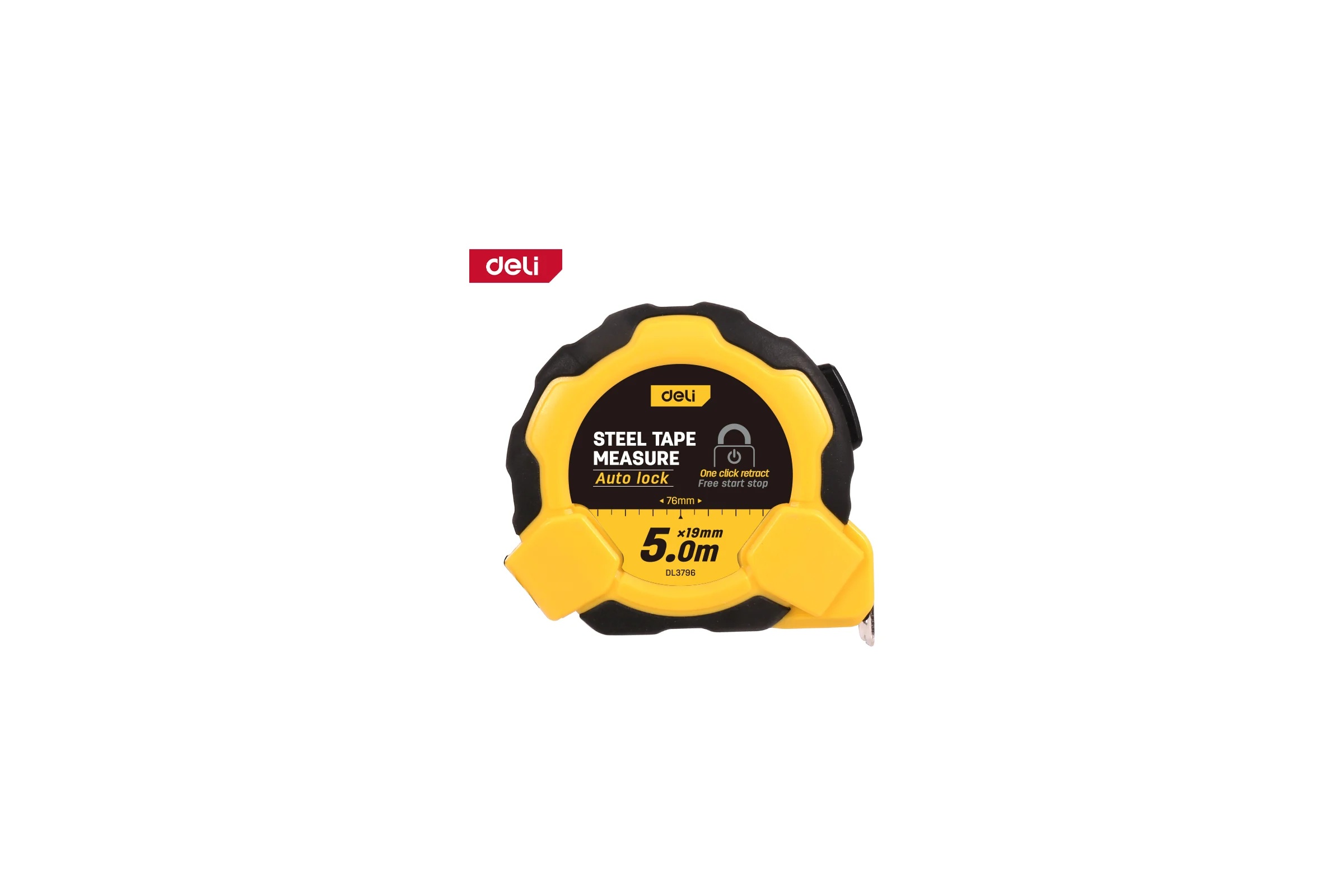 Рулетка DELI DL3796 5м х 19мм (Автостоп, ударопрочный обрезиненный корпус, метрическая, клипса, ремешок) 166271