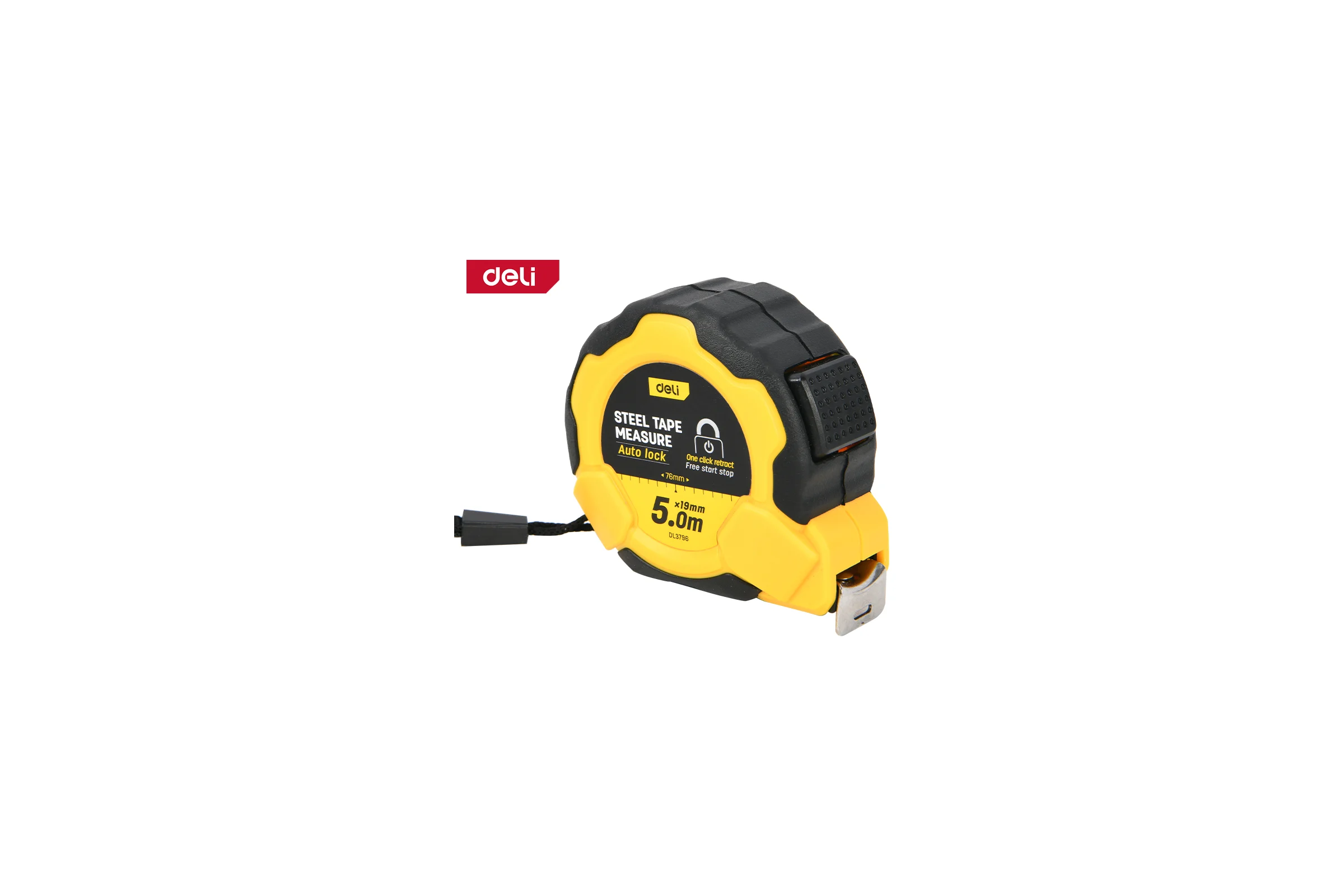 Рулетка DELI DL3796 5м х 19мм (Автостоп, ударопрочный обрезиненный корпус, метрическая, клипса, ремешок) 166271