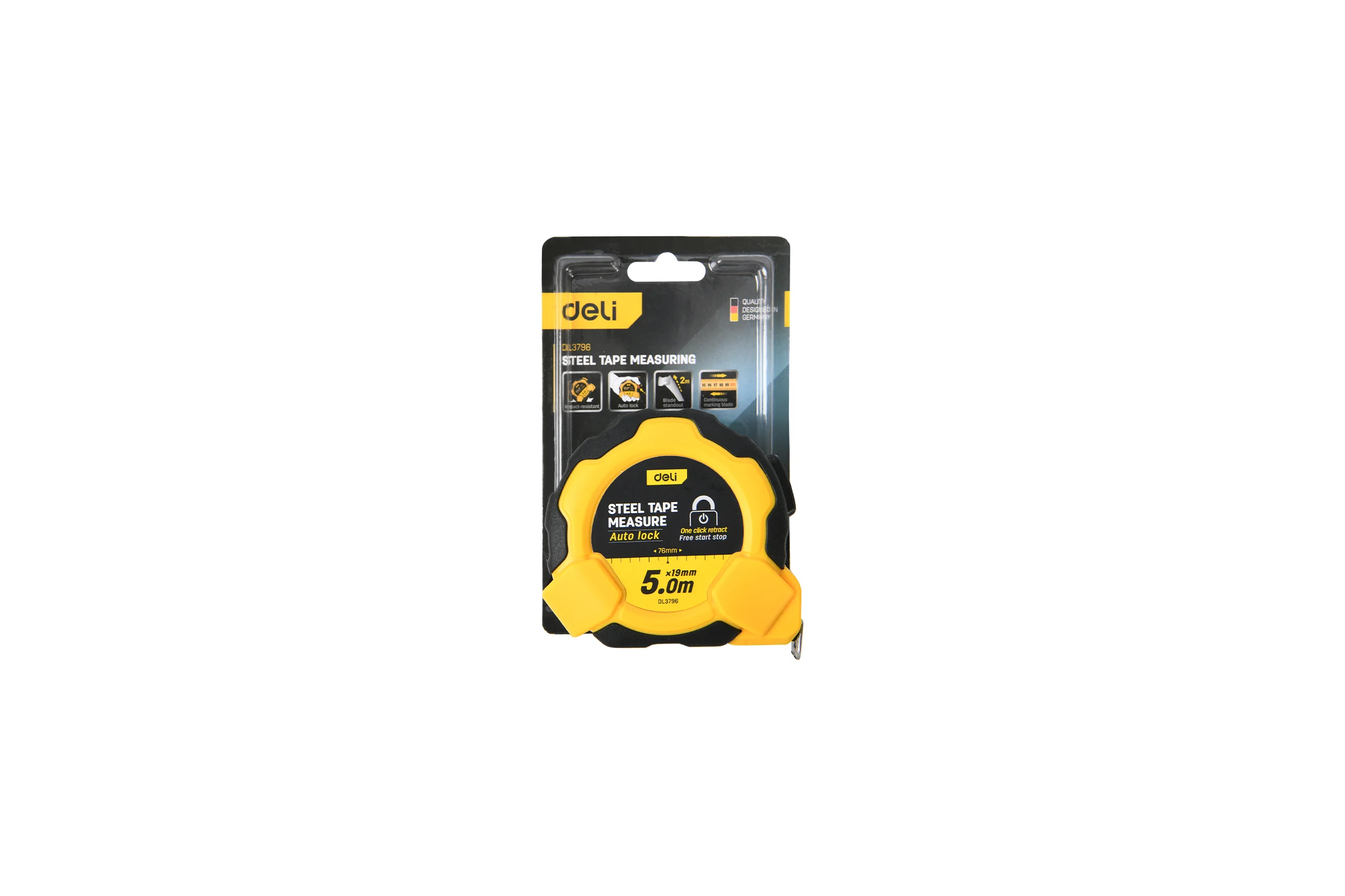 Рулетка DELI DL3796 5м х 19мм (Автостоп, ударопрочный обрезиненный корпус, метрическая, клипса, ремешок) 166271