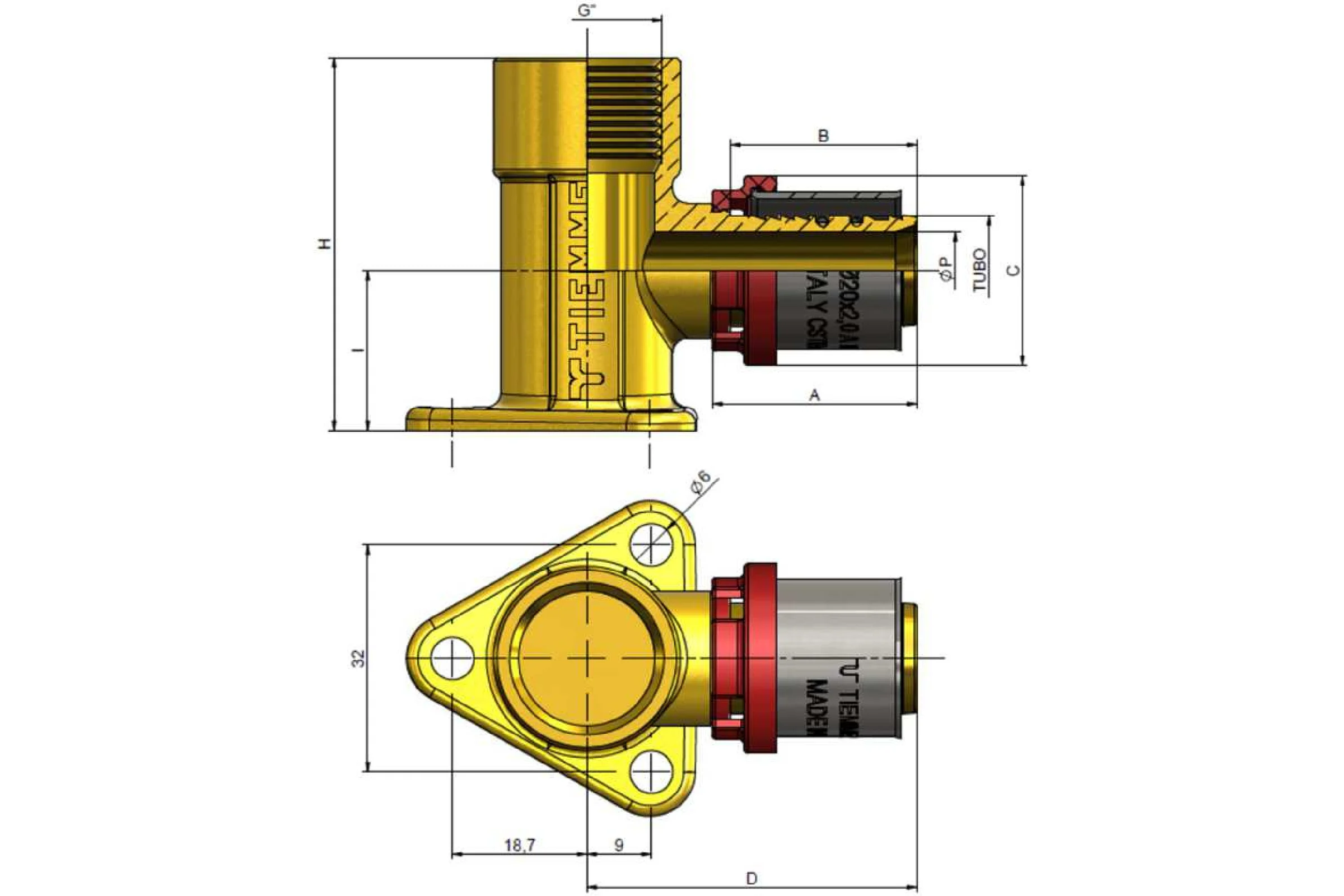 Угольник настенный Tiemme 40мм 1656SM пресс 1/2" x 16-2,0 1650021
