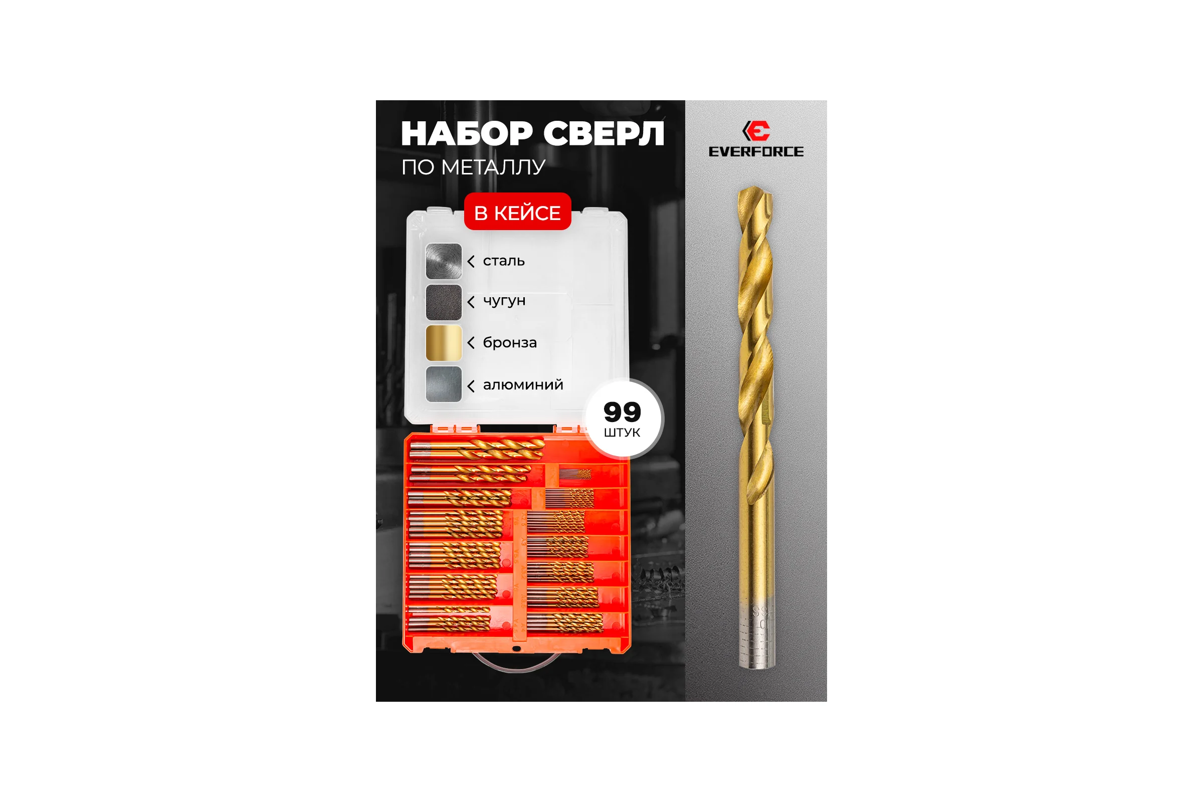 Набор сверл по металлу EVERFORCE 100 предметов, (1,2,2.5,3,3.2,3.5,4-по 10шт;4.5,5,5.5,6,6.5-по 5шт;8,10-по 2шт) в кейсе EF-924U100(58825)
