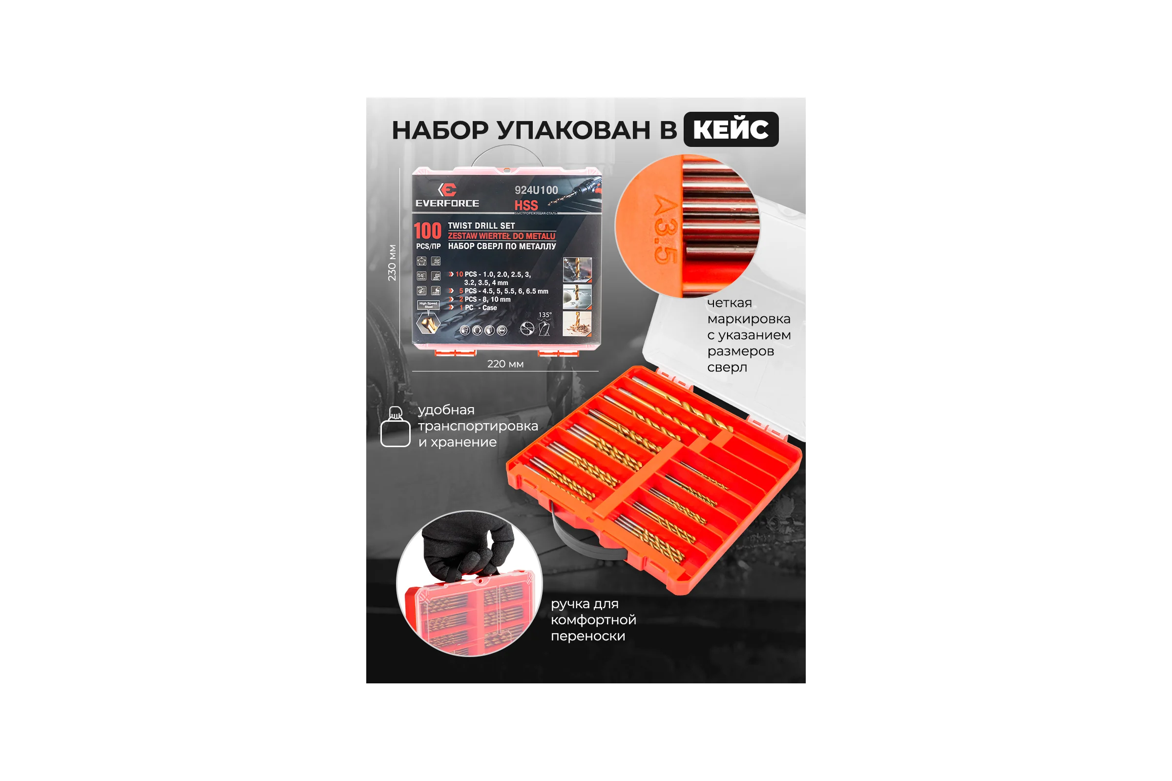 Набор сверл по металлу EVERFORCE 100 предметов, (1,2,2.5,3,3.2,3.5,4-по 10шт;4.5,5,5.5,6,6.5-по 5шт;8,10-по 2шт) в кейсе EF-924U100(58825)
