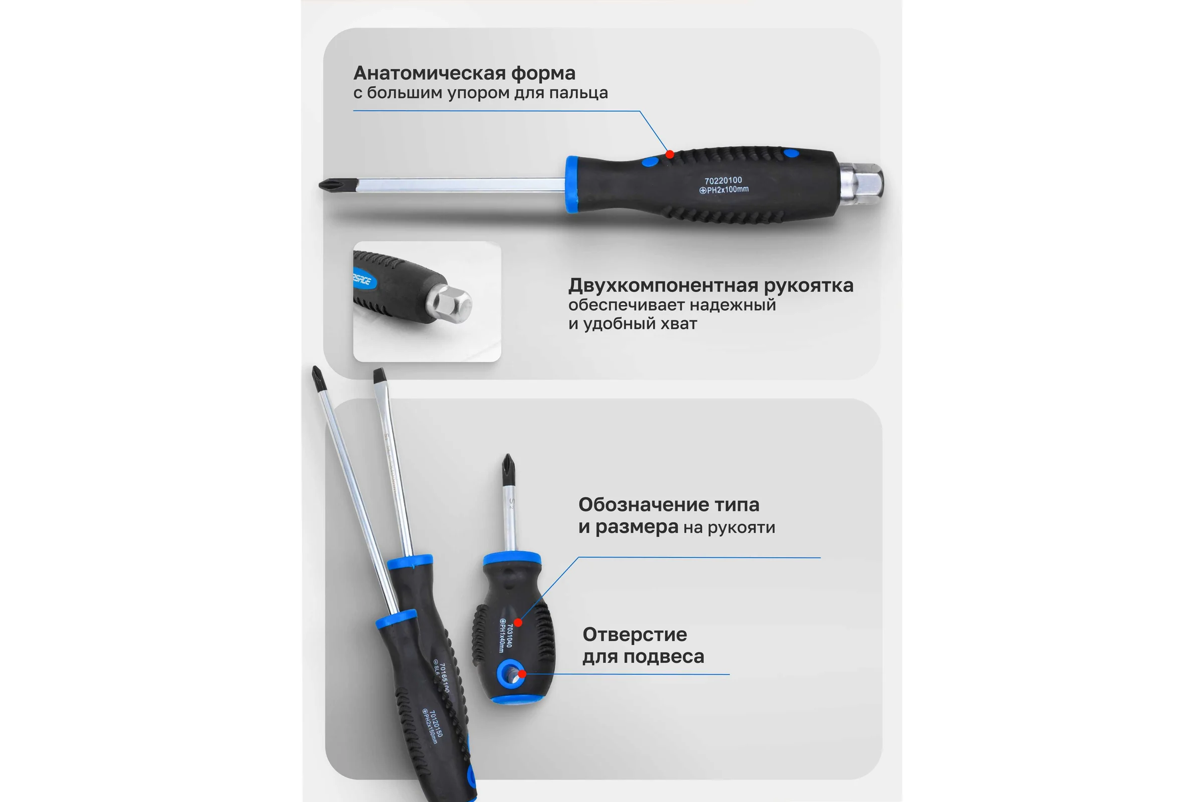 Набор магнитных отверток Forsage SL5.5х40, 6.5х100 мм; PH1х40,2х150 мм; силовые SL6.5х150, РН2х100 мм, 6 предметов в блистере F-7006B(60404)
