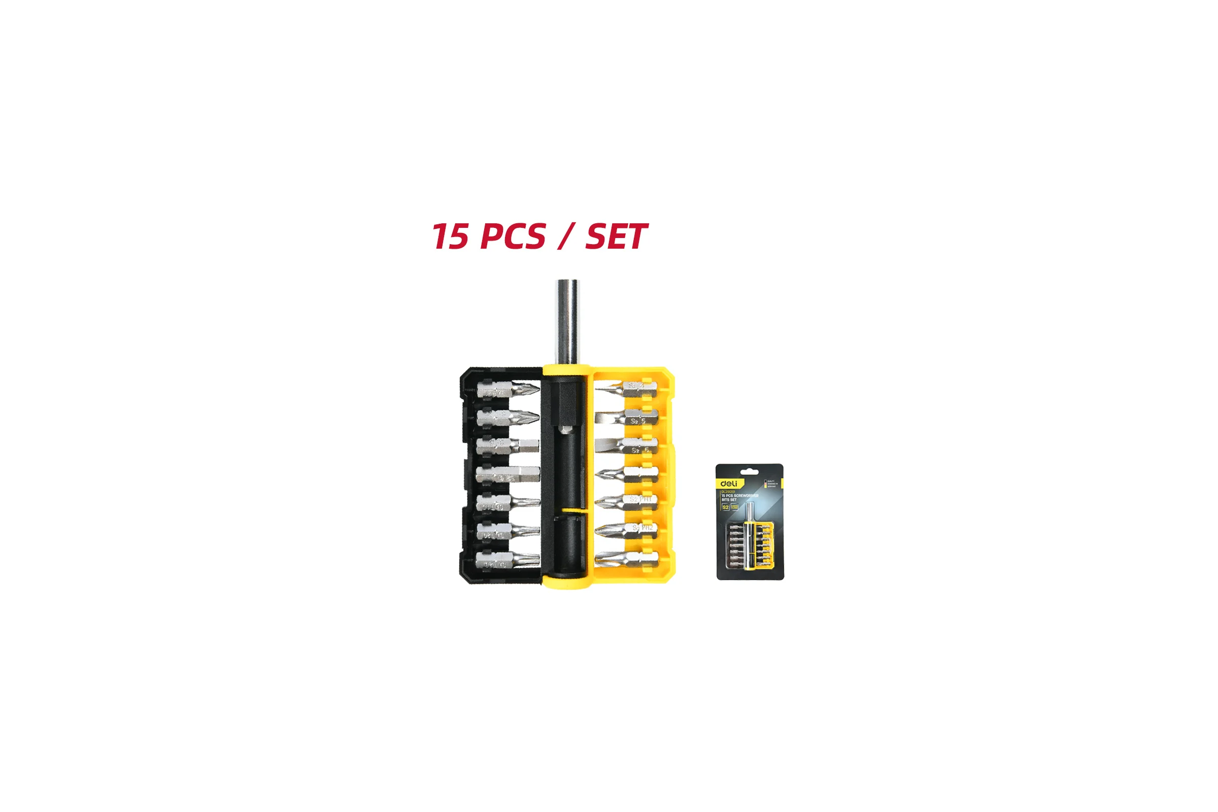 Набор бит DELI 14шт (SL4,SL5,SL6,PH0,PH1,PH2,PH3,T15,T20,T25,H5,H6,PZ1,PZ2), c держателем, сталь S2, пластиковый держатель 167609