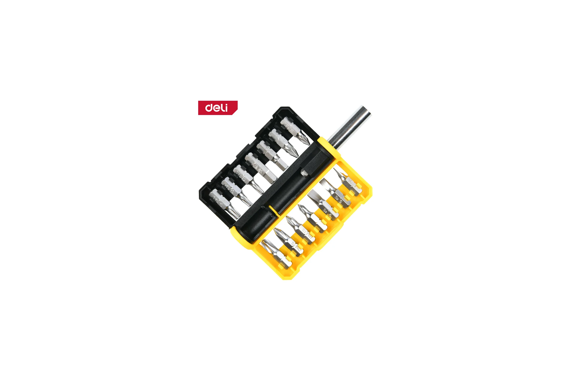 Набор бит DELI 14шт (SL4,SL5,SL6,PH0,PH1,PH2,PH3,T15,T20,T25,H5,H6,PZ1,PZ2), c держателем, сталь S2, пластиковый держатель 167609