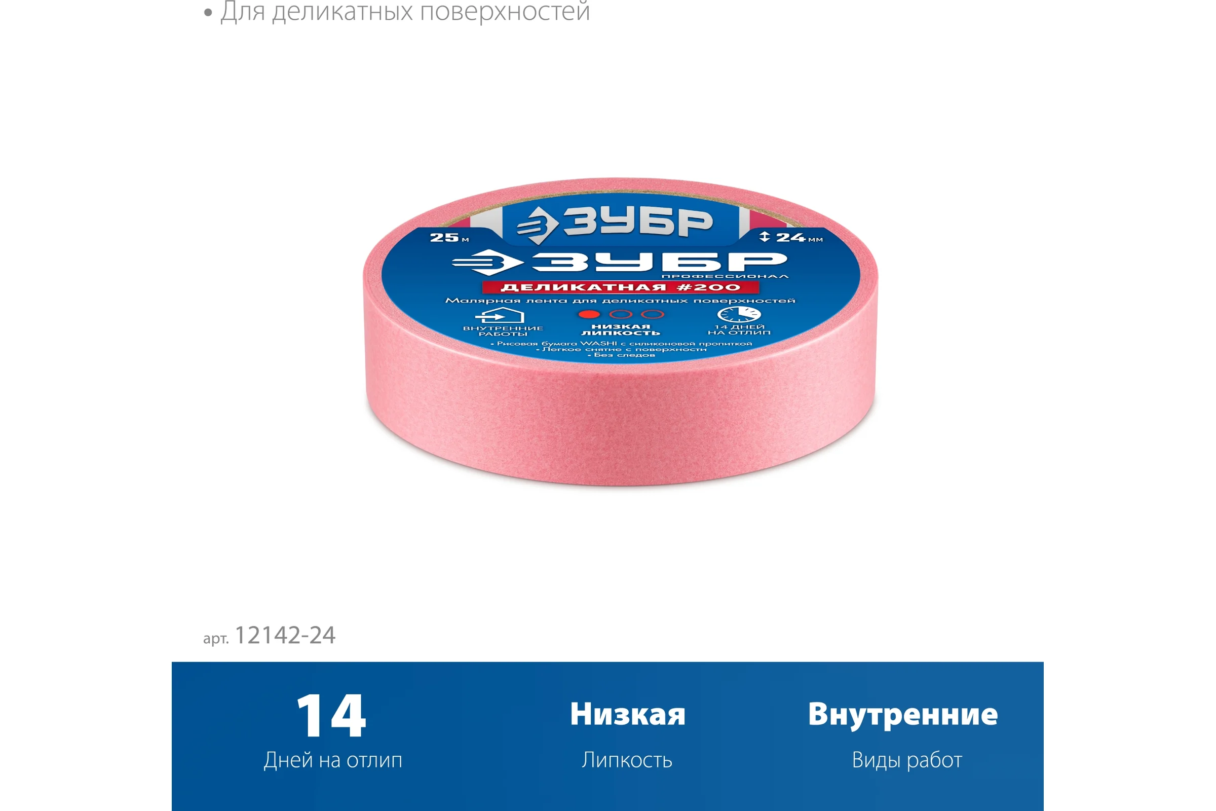Малярная лента ЗУБР Профессионал №200 24 мм х 25 м, для деликатных и недавно окрашенных поверхностей 12142-24