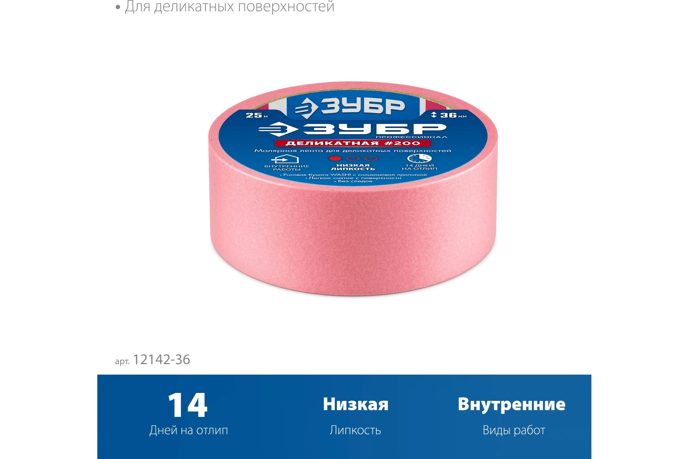 Малярная лента ЗУБР Профессионал №200 36 мм х 25 м, для деликатных и недавно окрашенных поверхностей 12142-36