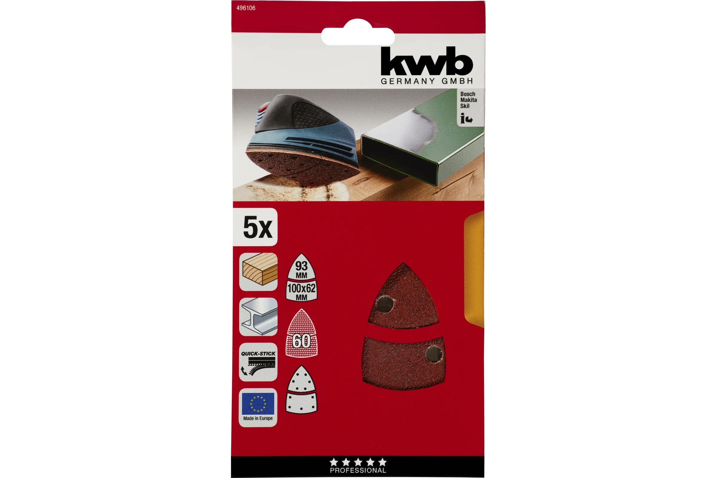 Шлифлист для дельташлифмашины 100x62,93 мм, К 60 5 шт KWB 496106