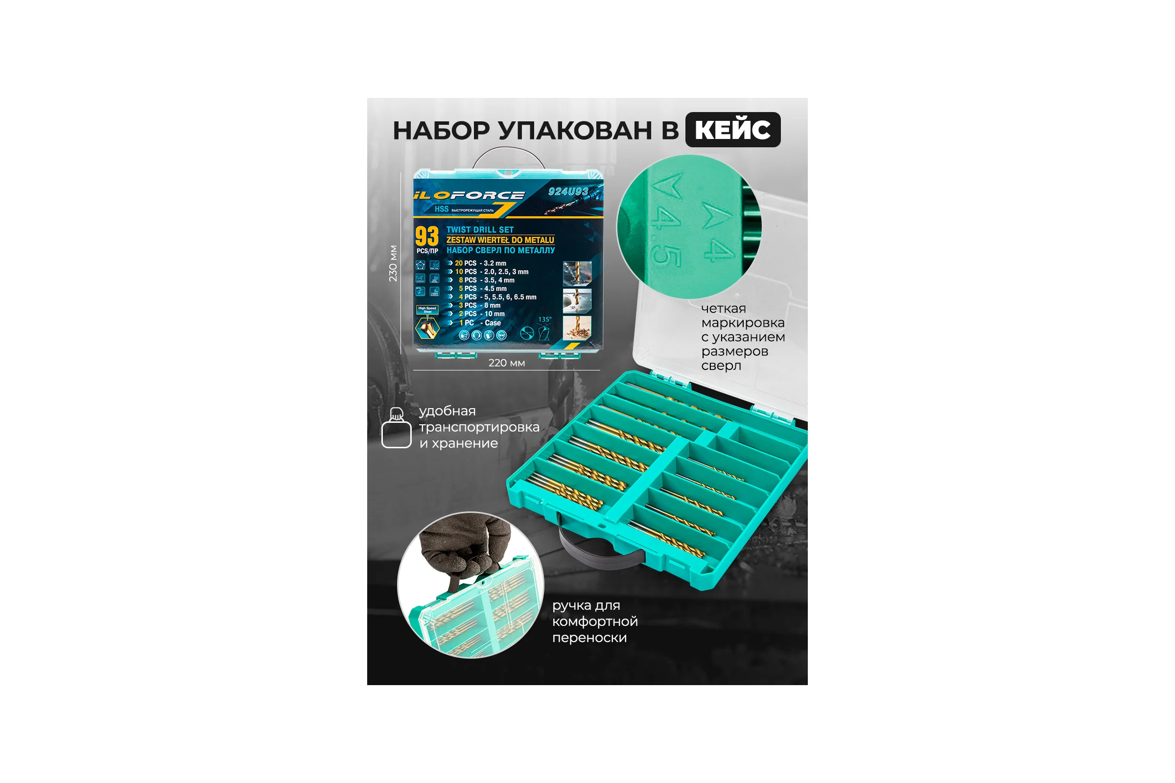 Набор сверл по металлу iLOFORCE 93 предмета, в кейсе IF-924U93(58830)