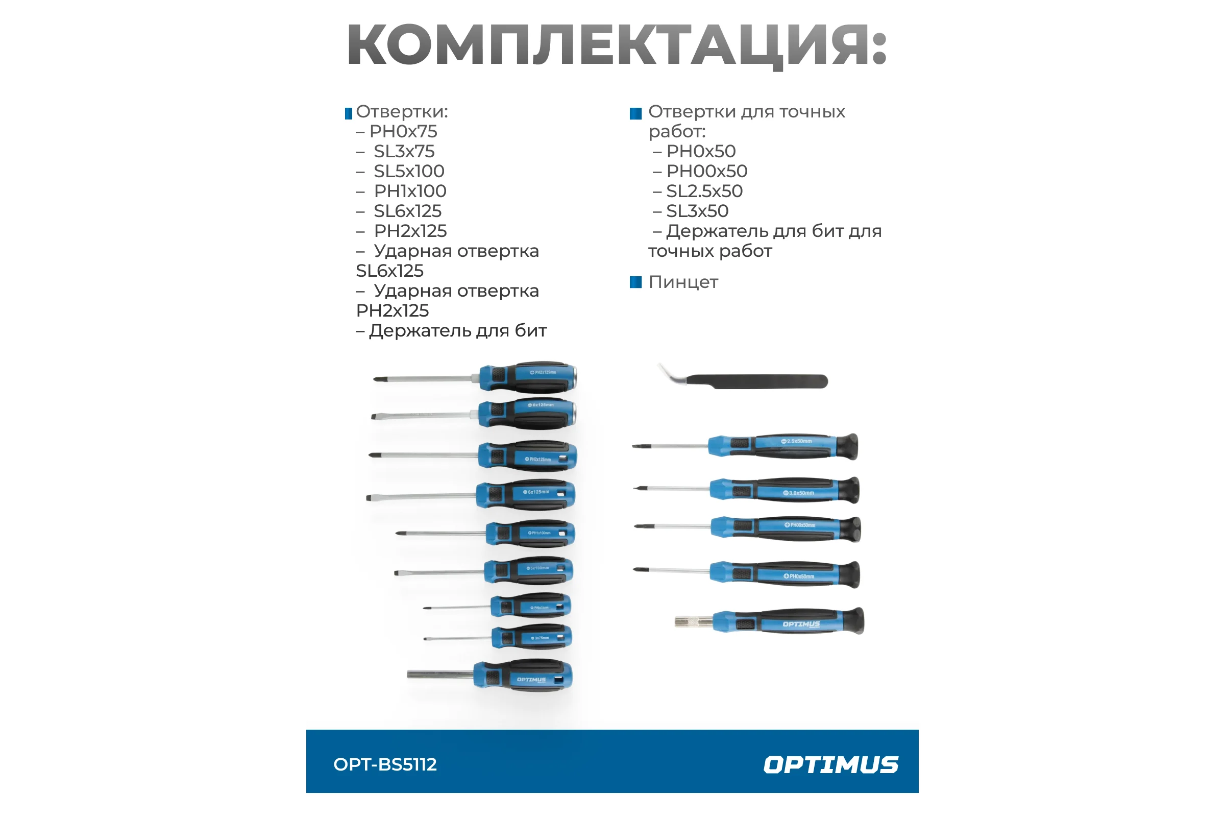 Набор отверток, бит и торцевых головок OPTIMUS 112 предм. OPT-BS5112