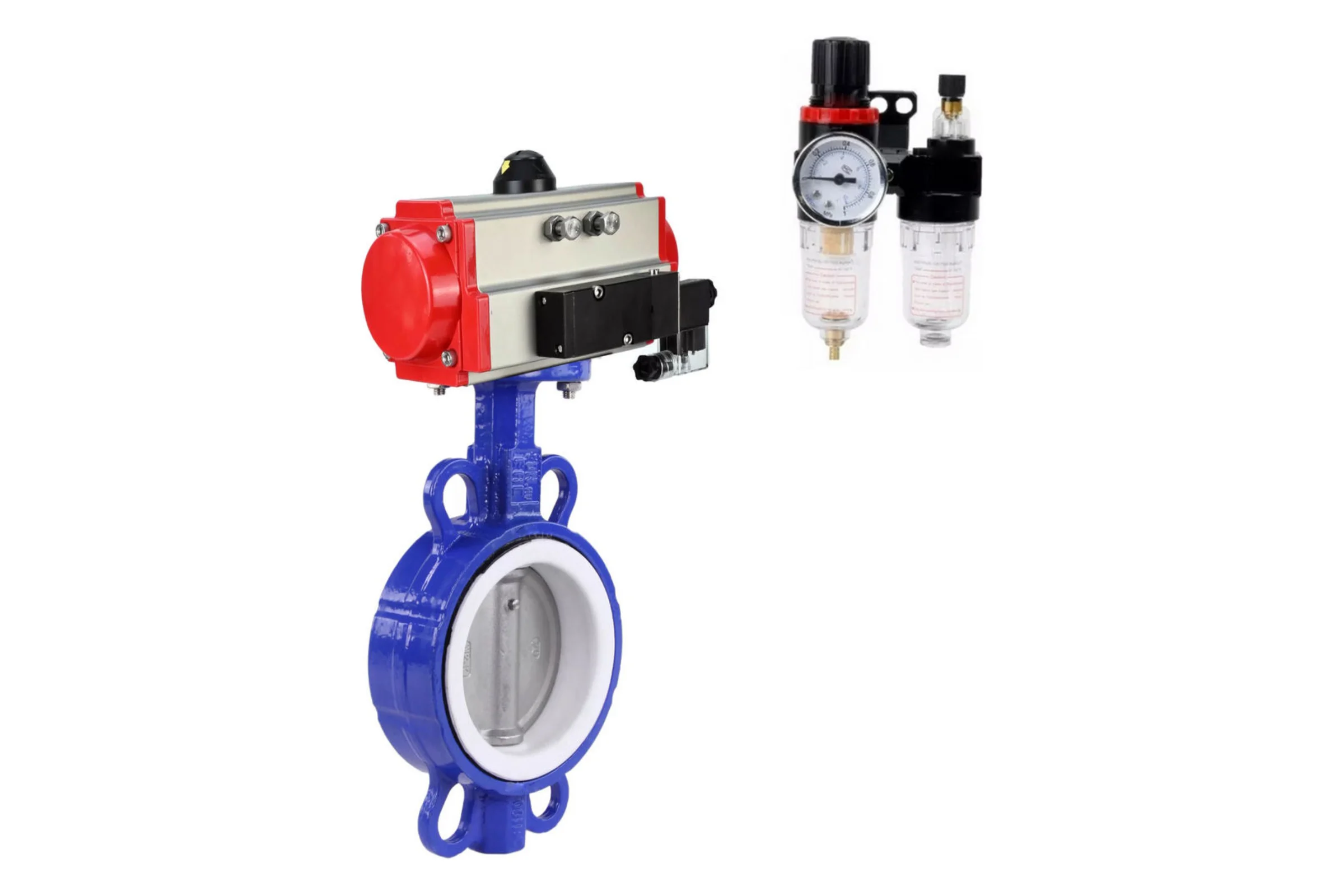 Затвор DN.ru WCB-316L-PTFE Ду250 Ру16 с пневмоприводом, пневмораспределителем, БПВ D050-64520