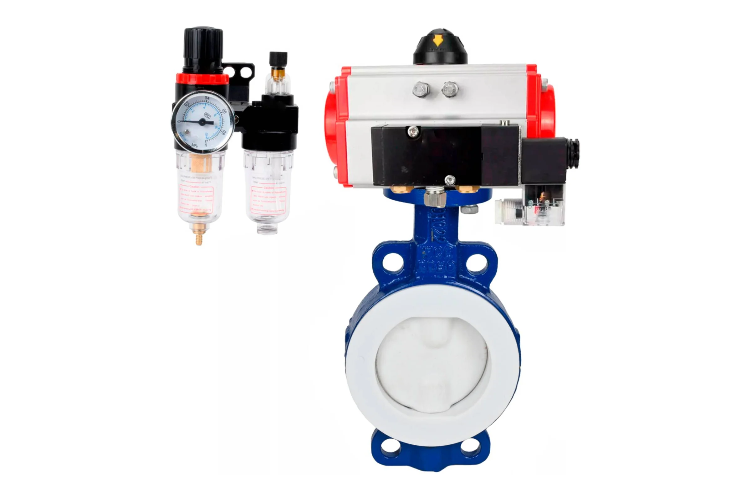 Затвор DN.ru WCB-WCB-PTFE-PTFE-Fb-R Ду200 Ру16 с пневмоприводом, пневмораспределителем, БПВ D050-60270