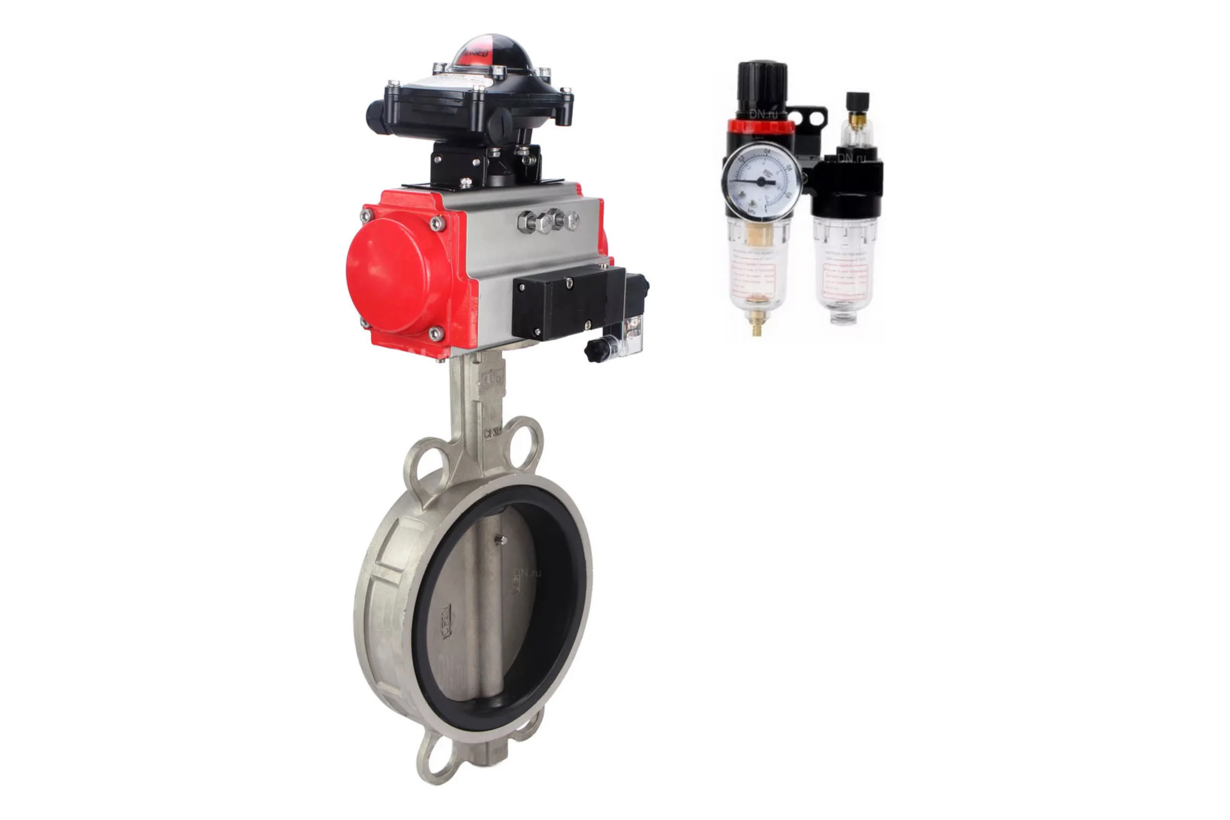 Затвор DN.ru 316L-316L-EPDM Ду300 Ру16 с пневмоприводом, пневмораспределителем, БПВ, БКВ D050-63169