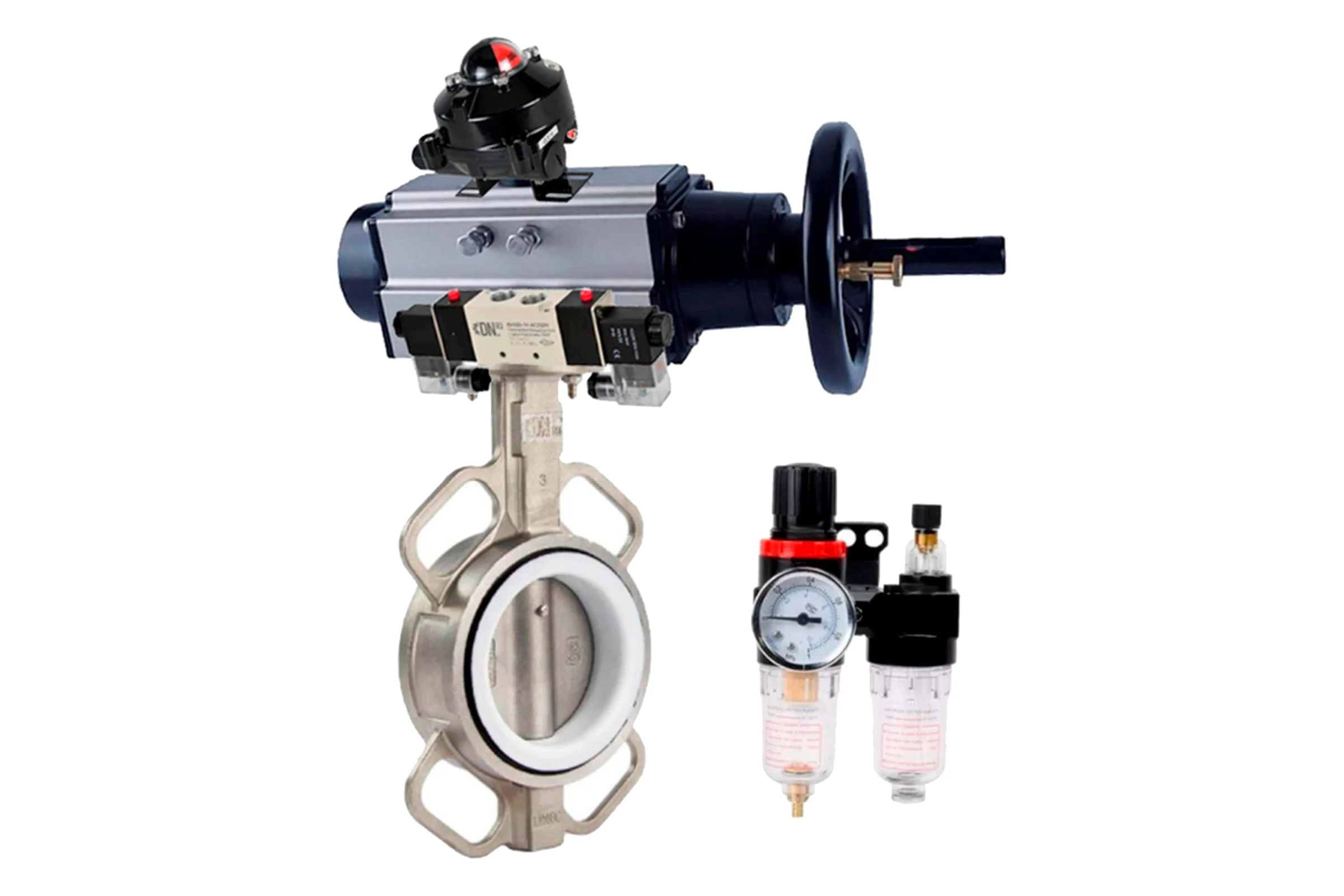 Затвор DN.ru 316L-316L-PTFE Ду125 Ру16 с пневмоприводом, пневмораспределителем, БПВ, БКВ D050-63067