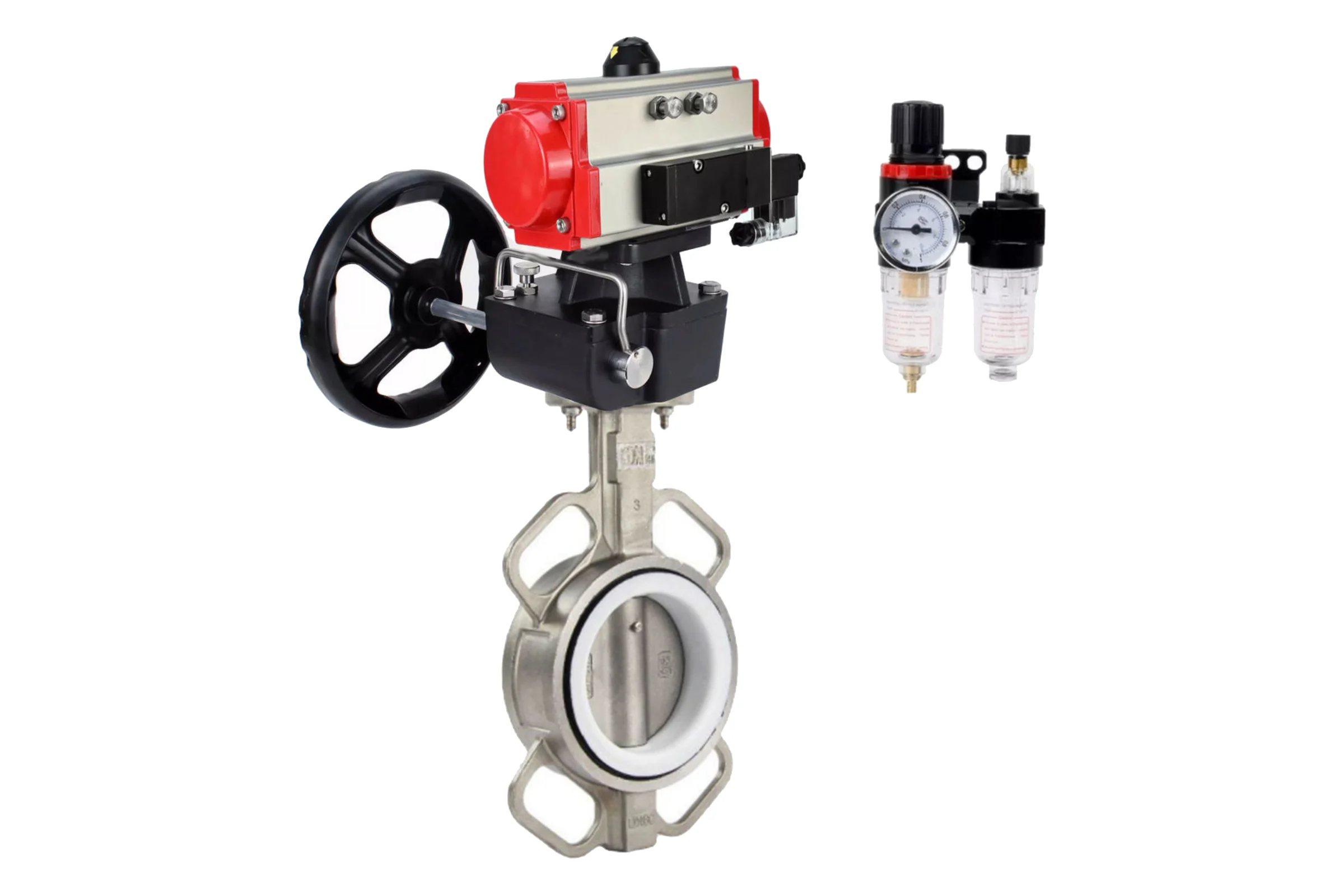 Затвор DN.ru 316L-316L-PTFE Ду300 Ру16 с пневмоприводом, пневмораспределителем, БПВ, дублером D050-63003