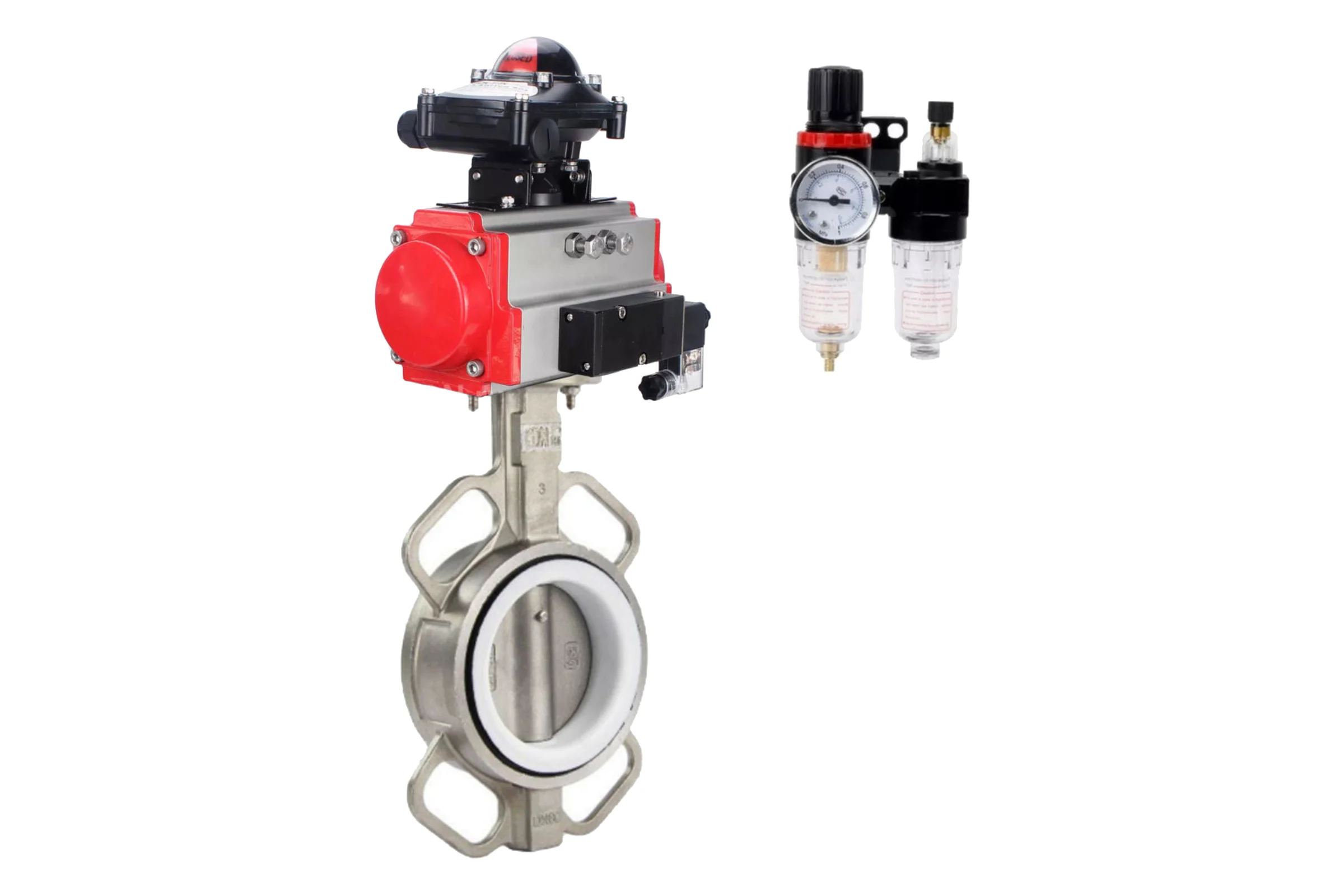 Затвор DN.ru 316L-316L-PTFE Ду65 Ру16 с пневмоприводом, пневмораспределителем, БПВ, БКВ D050-62956