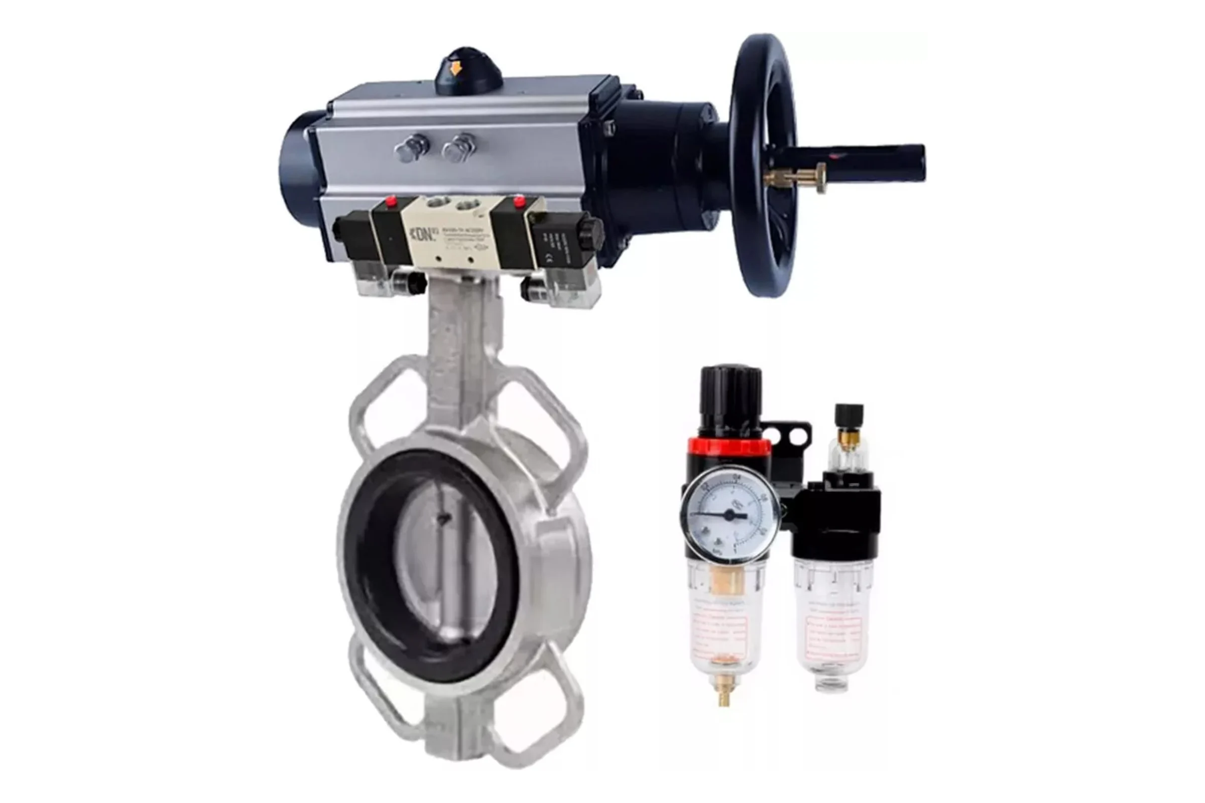 Затвор DN.ru 304-304-VITON-2W-Fb Ду125 Ру16, пневмопривод, пневмораспределитель, БПВ D050-65051