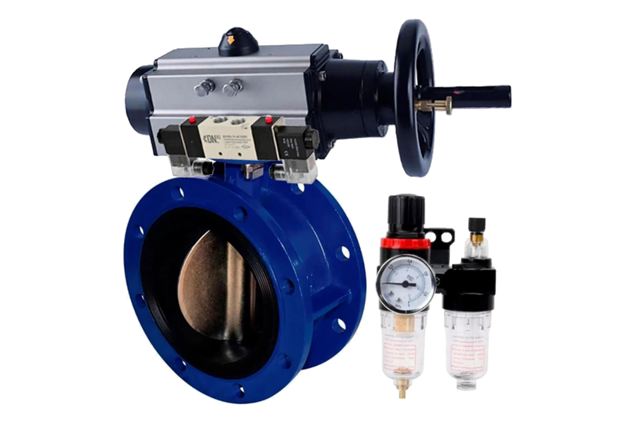 Затвор DN.ru GGG40-304-EPDM-2W-F Ду100 Ру16 пневмопривод, пневмораспределитель, БПВ D050-65358