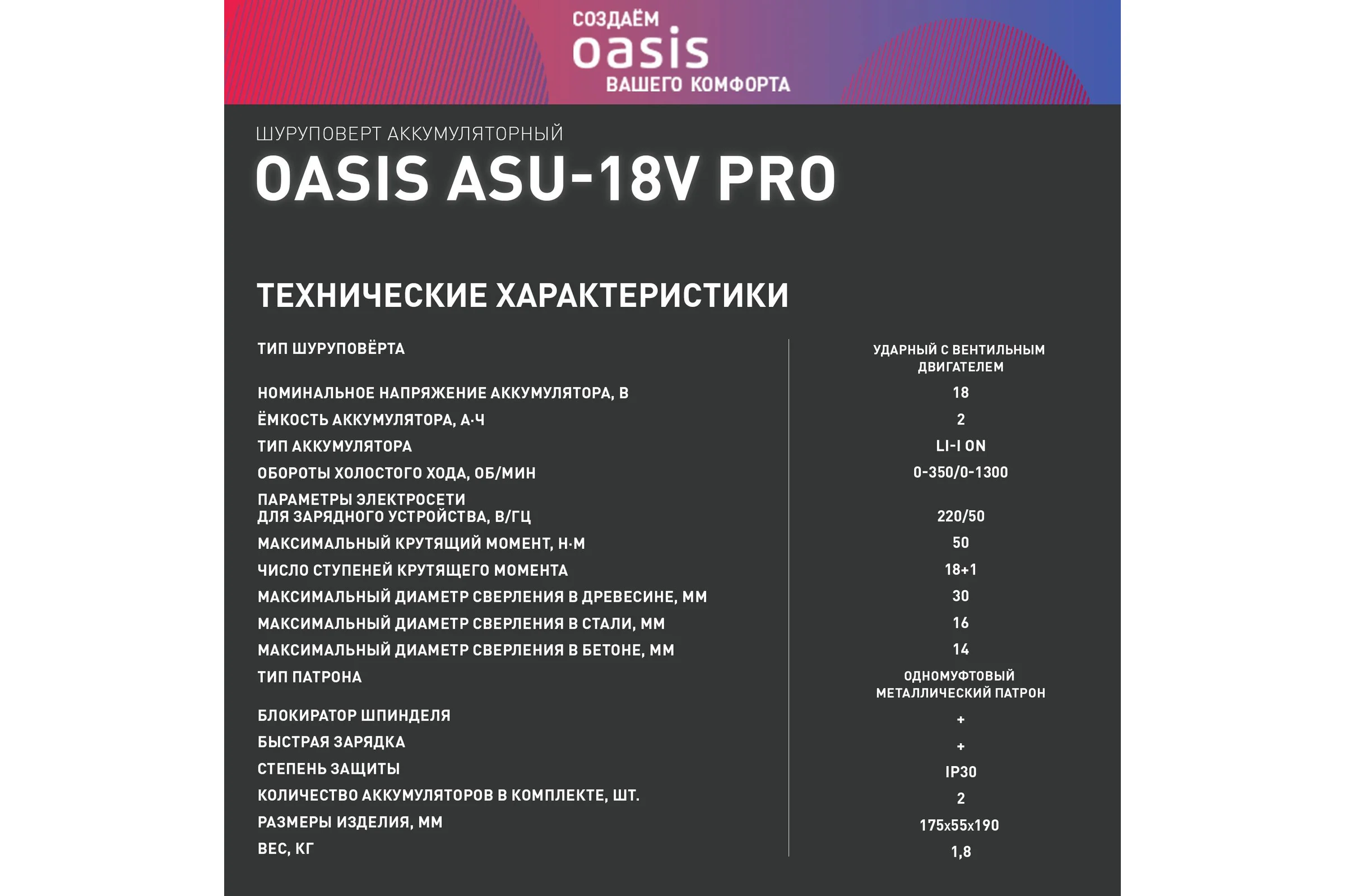 Аккумуляторный шуруповерт OASIS ASU-18V Pro