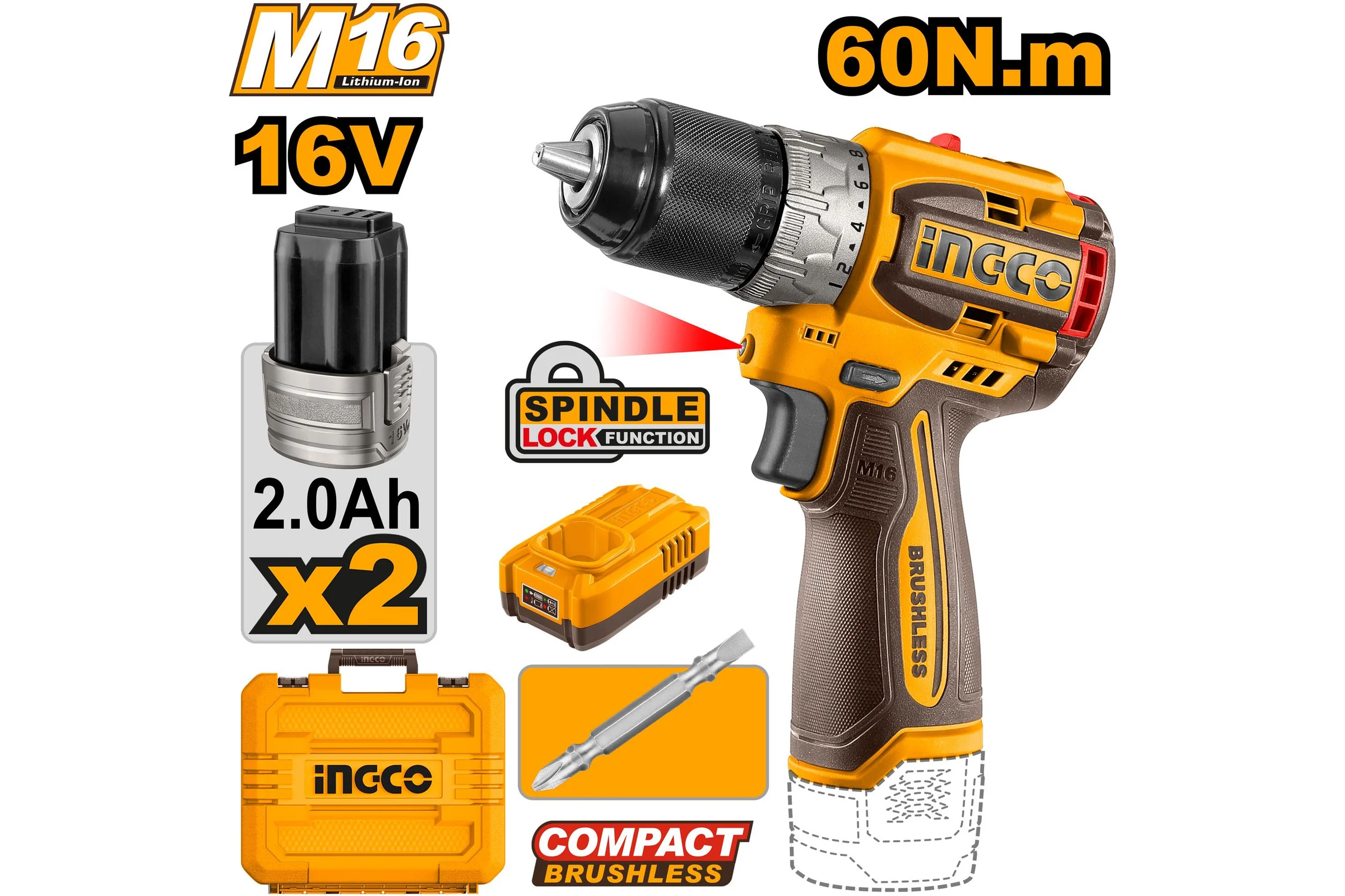 Аккумуляторный бесщеточный шуруповерт INDUSTRIAL 16 В 60 Нм 22+1 INGCO CDLI16682