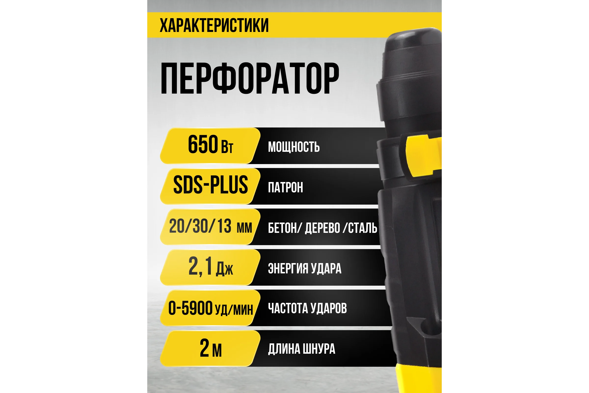 Перфоратор Kolner SDS-PLUS, 20 мм, горизонт, 650Вт, KBH 3-20K, 3 режима, 2.1Дж, 0-1800об/мин, 0-5900уд/мин, кабель 2м 8030300304