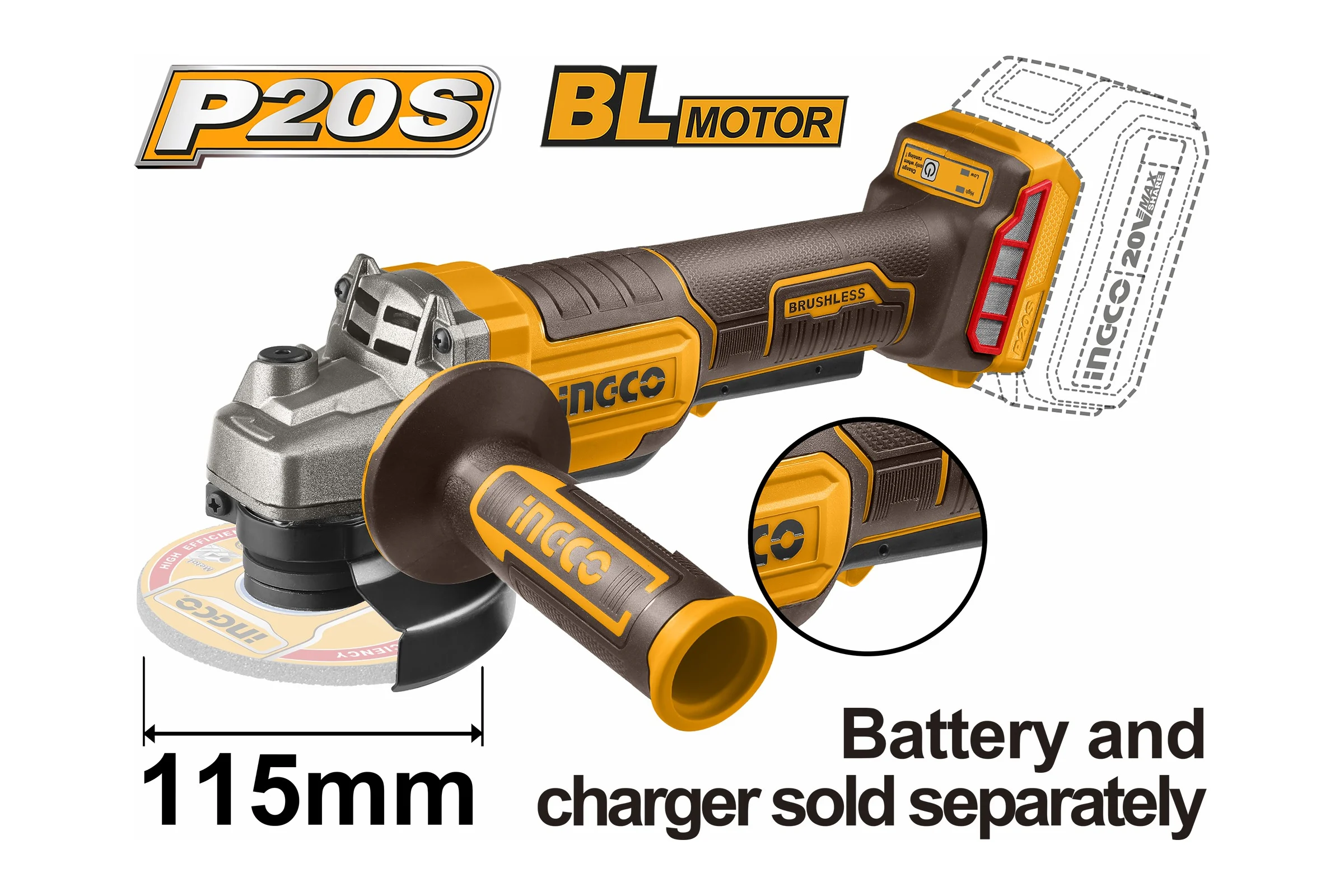 Аккумуляторная УШМ INGCO SUPER INDUSTRIAL 20В, BL 115мм, без АКБ и ЗУ CAGLI211156