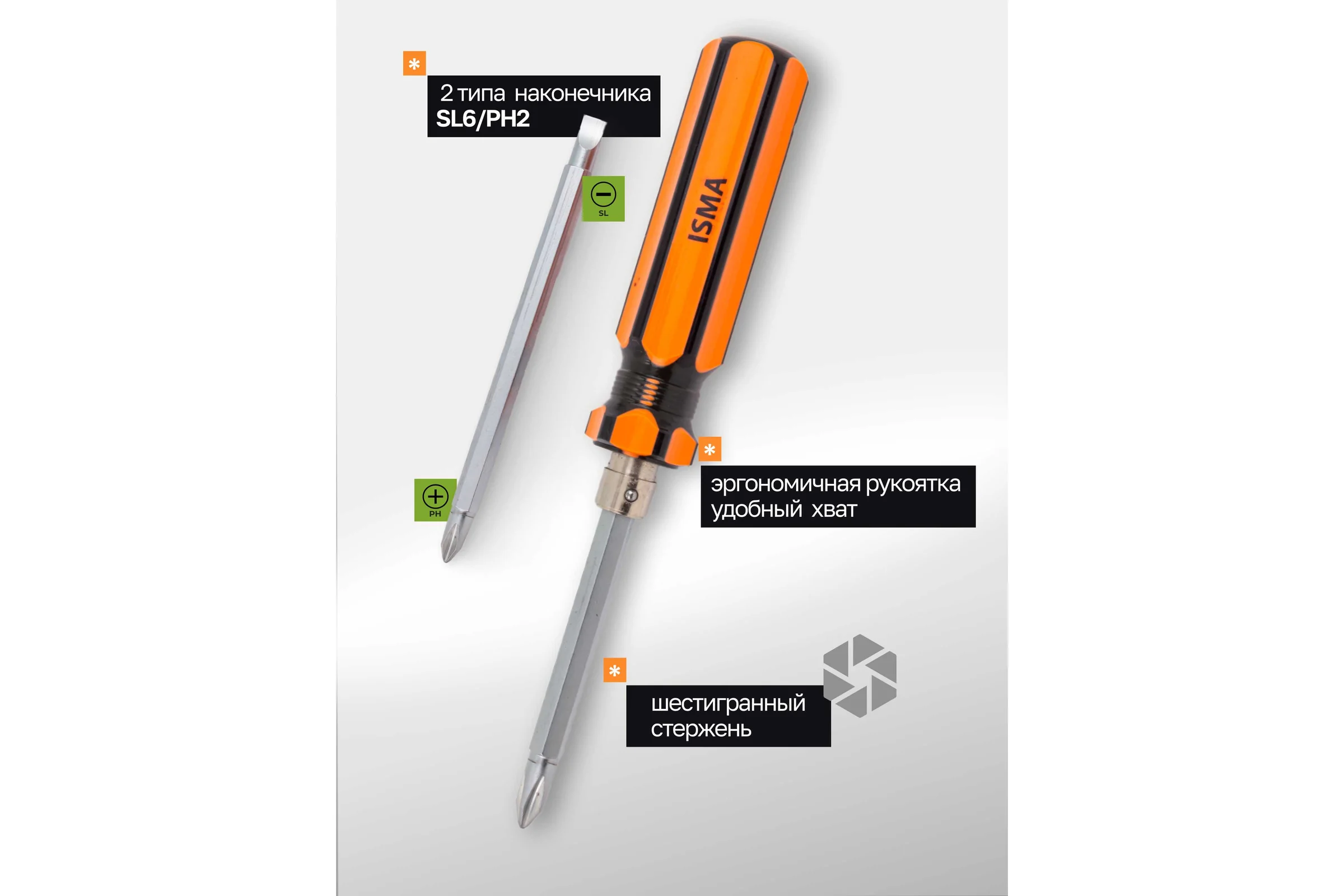Отвертка с переставным наконечником ISMA 160 мм (SL6, PH2) ISMA-61602(45705)