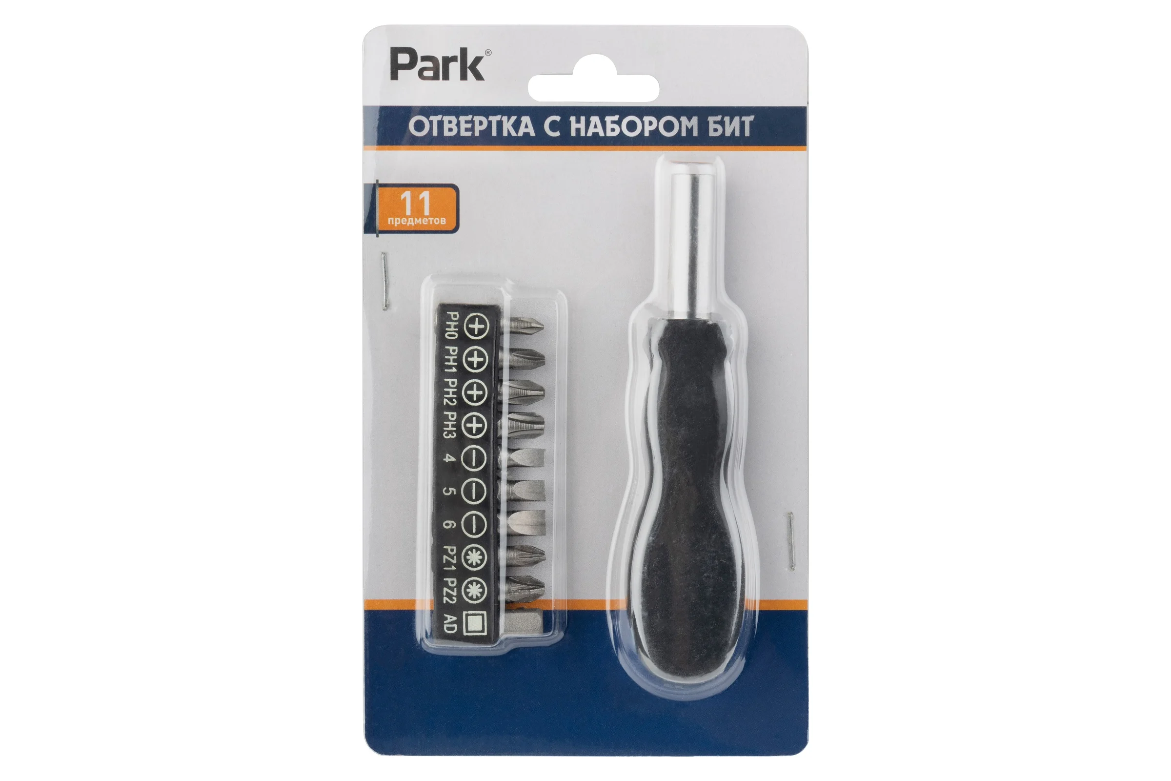 Отвертка с набором бит PARK 11 предметов, пластиковые рукоятки 109102