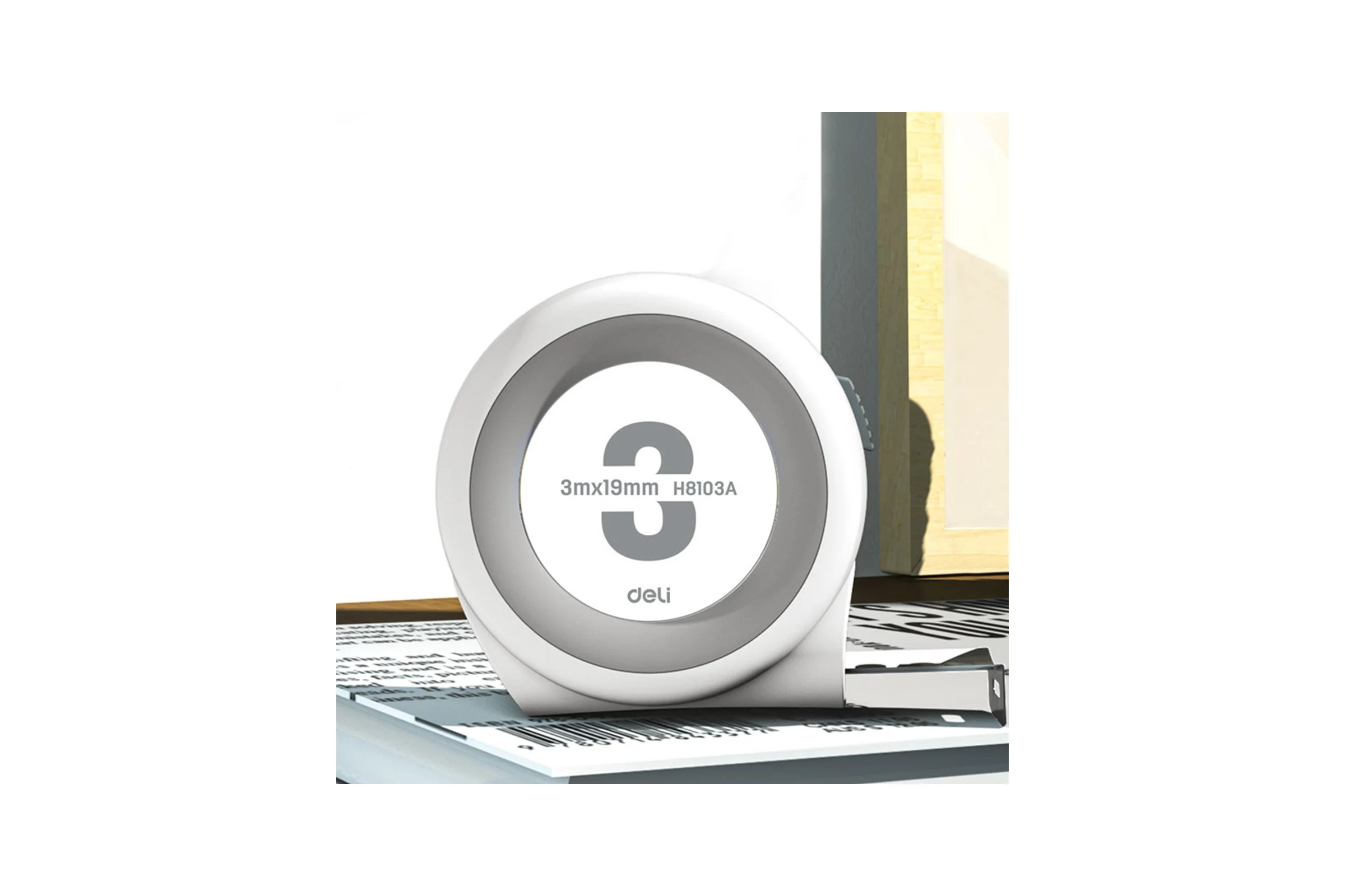 Рулетка DELI Home Series White H8103A 3м х 19мм (Эксклюзивный дизайн, софттач пластик, клипса, ремешок, подарочная упаковка) 177181