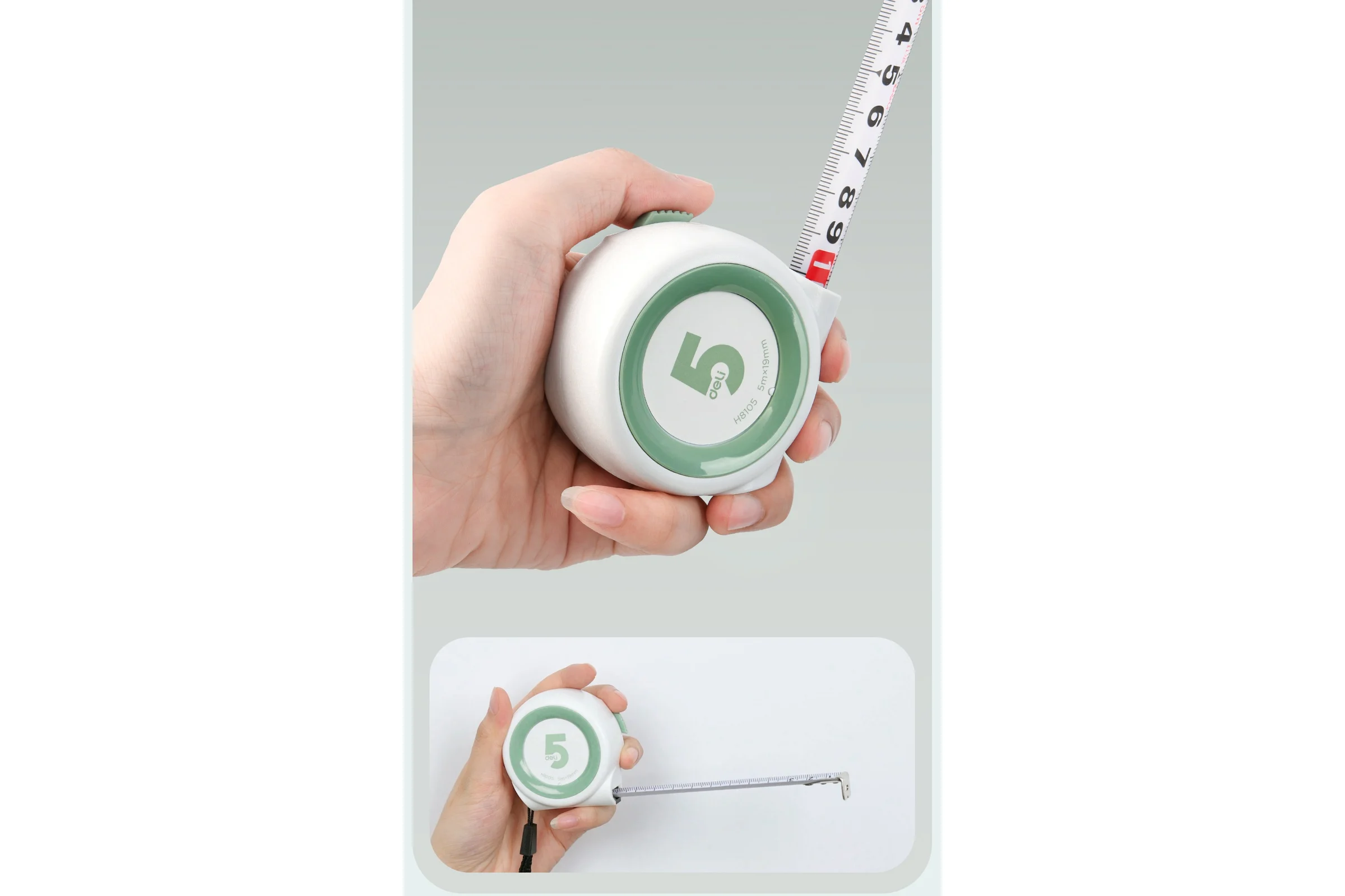Рулетка DELI Home Series White H8105 5м х 19мм (Эксклюзивный дизайн, софттач пластик, клипса, ремешок) 177183