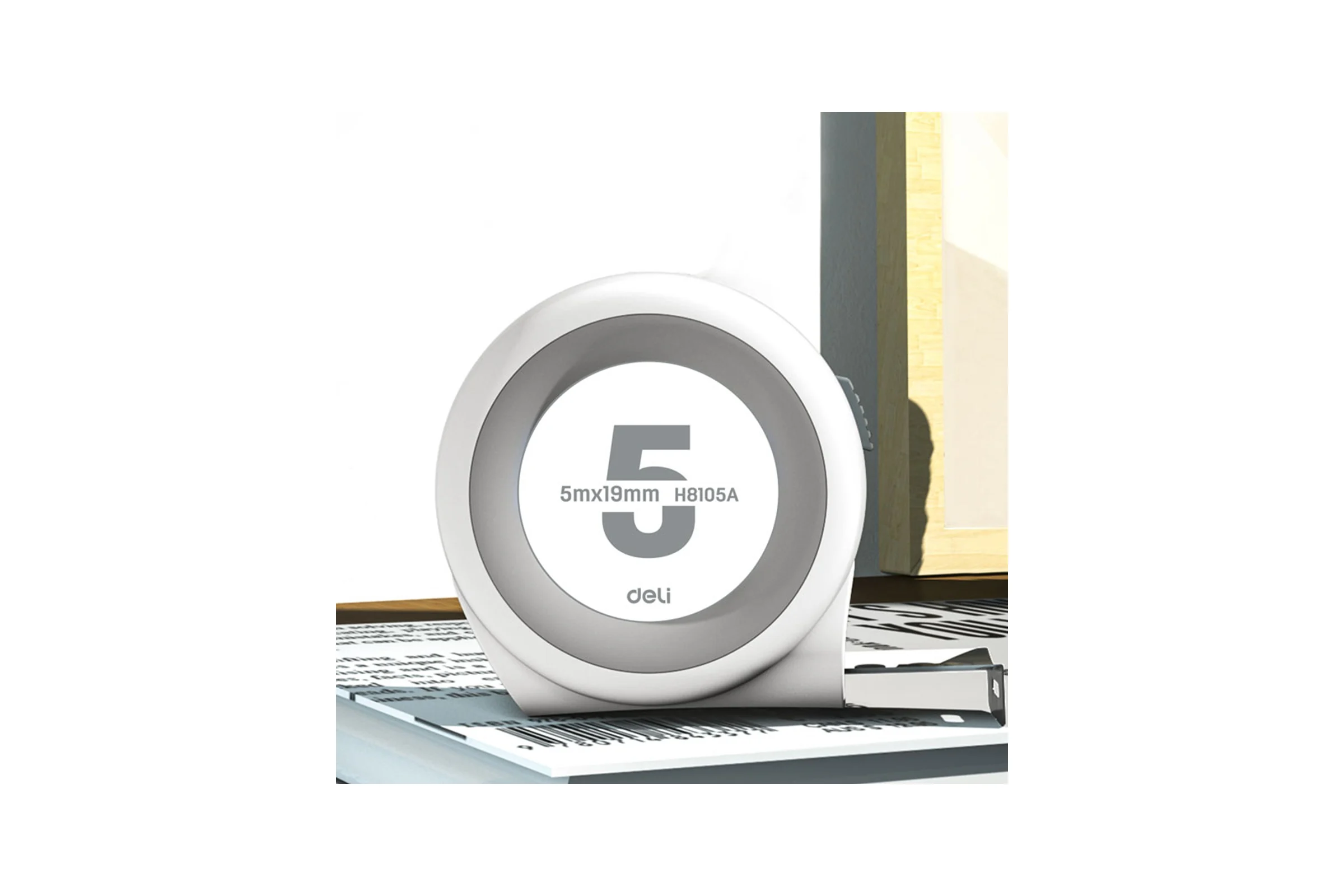 Рулетка DELI Home Series White H8105A 5м х 19мм (Эксклюзивный дизайн, софттач пластик, клипса, ремешок, подарочная упаковка) 177184