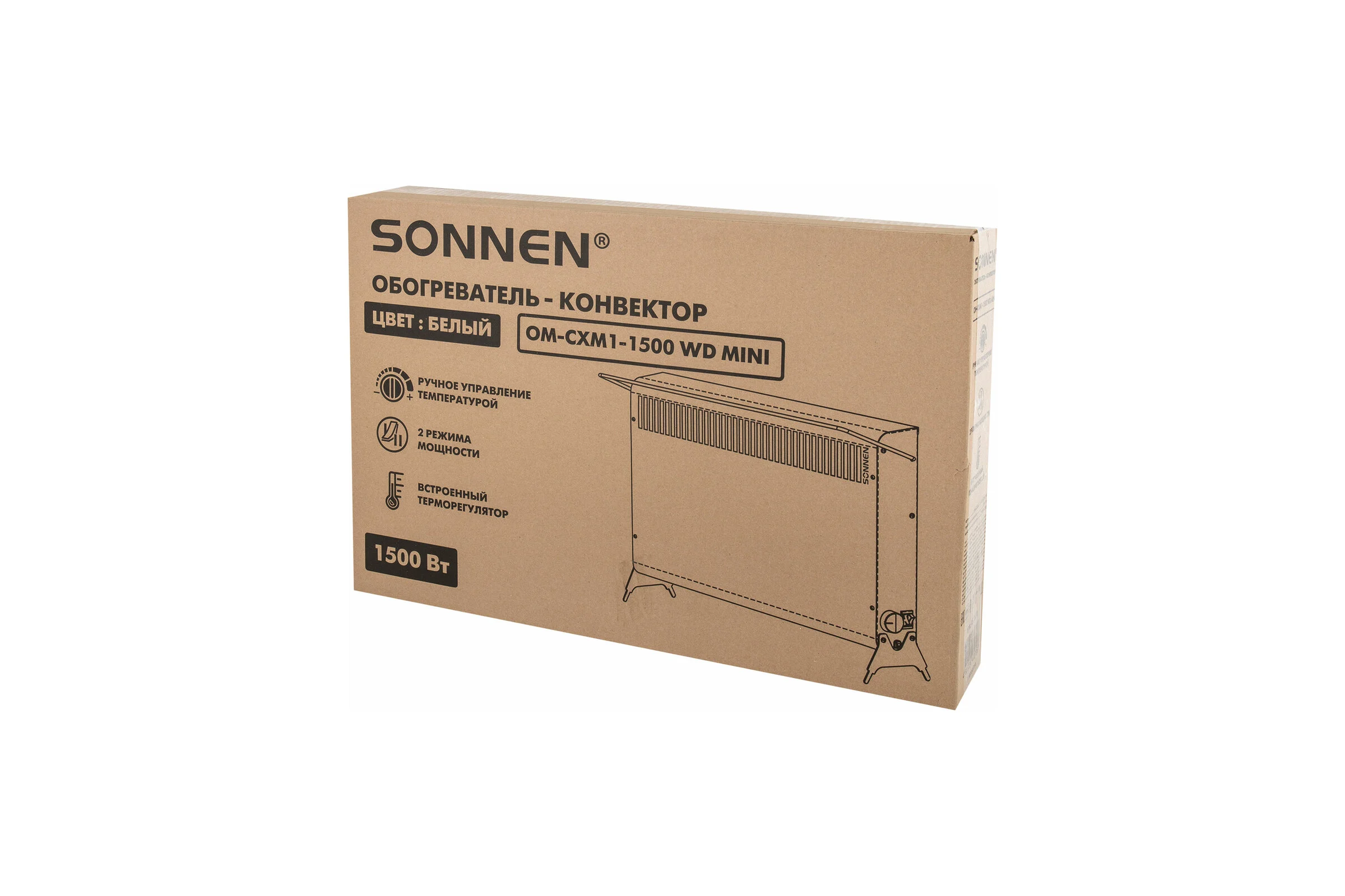 Обогреватель конвектор SONNEN MINI МП-1500.2, 1500Вт, вешалка, Х-нагревательный элемент, белый, 457631
