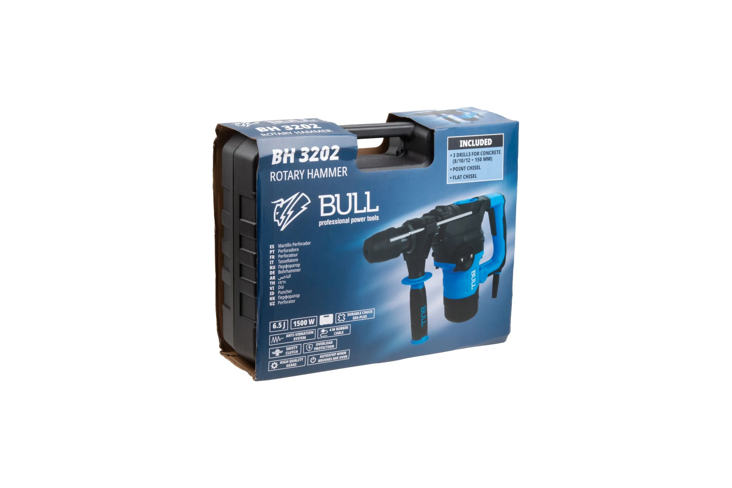 Перфоратор BULL BH 3202 в чем. 1500 Вт, 6,5 Дж, 32 мм, 2 реж. + 2 зуб., 3 сверла, SDS-plus 1325783
