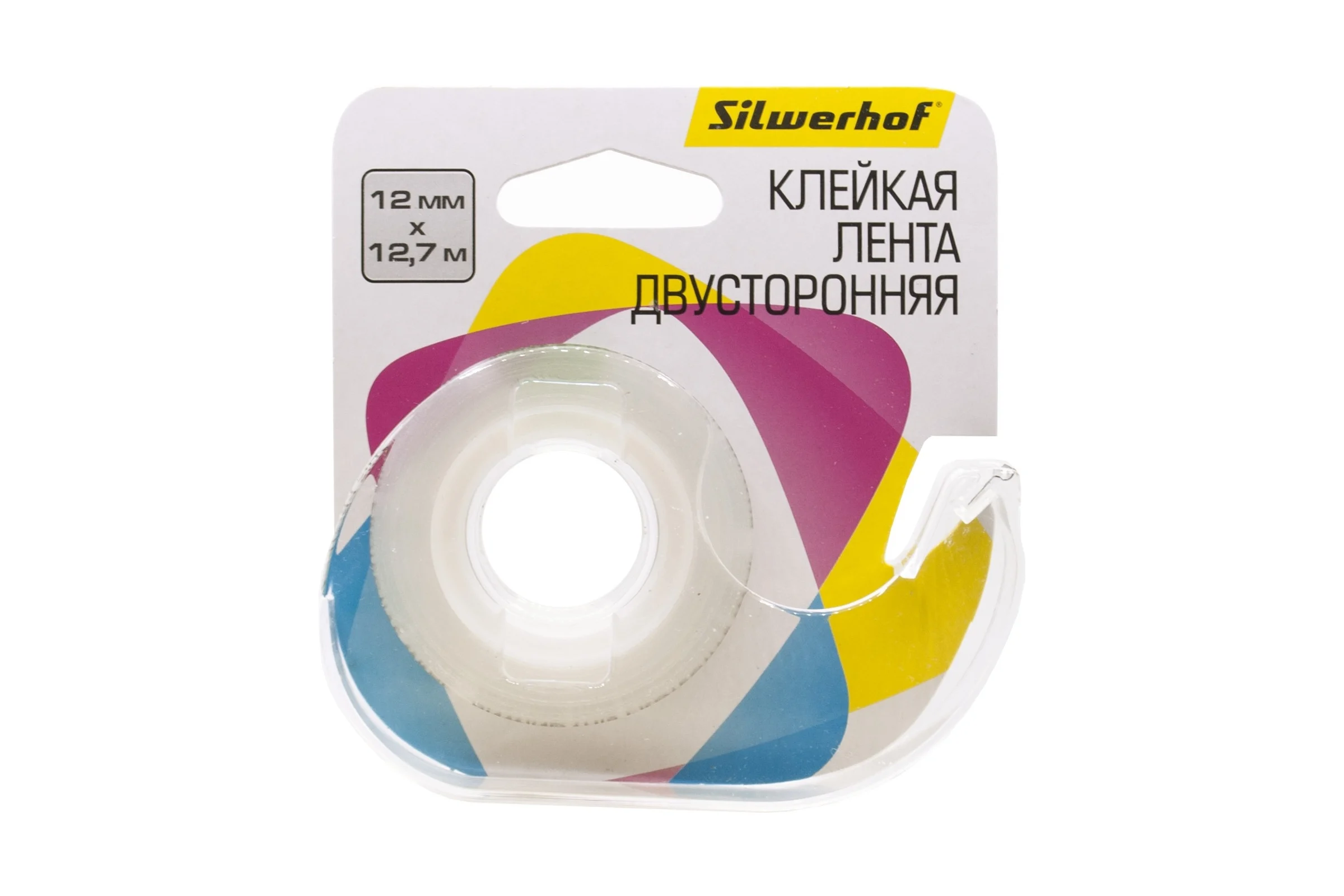 Клейкая лента двухсторонняя SILWERHOF прозрачная, 12 мм, 12.7 м, полипропилен, на диспенсере 1911681