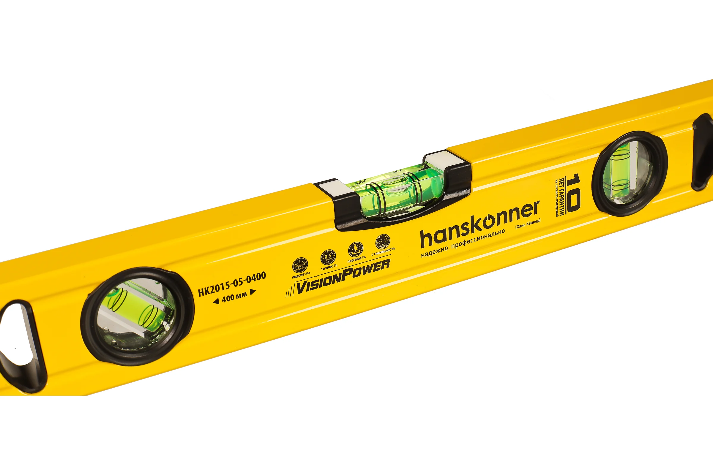 Уровень алюминиевый Hanskonner 400 мм, 3 колбы (одна светится), 0.5 мм/м HK2015-05-0400