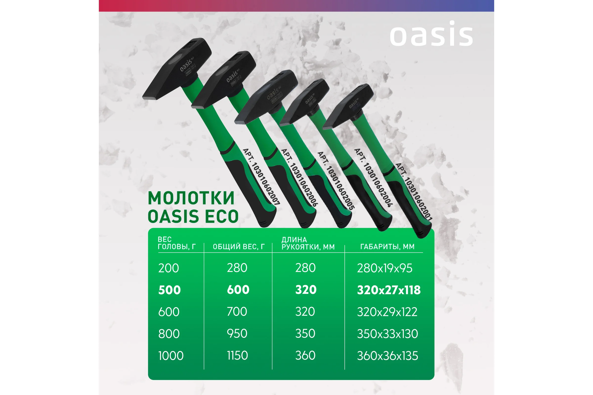 Слесарный молоток OASIS с обрезиненной фибергласовой рукояткой Eco 500 г 103010602004