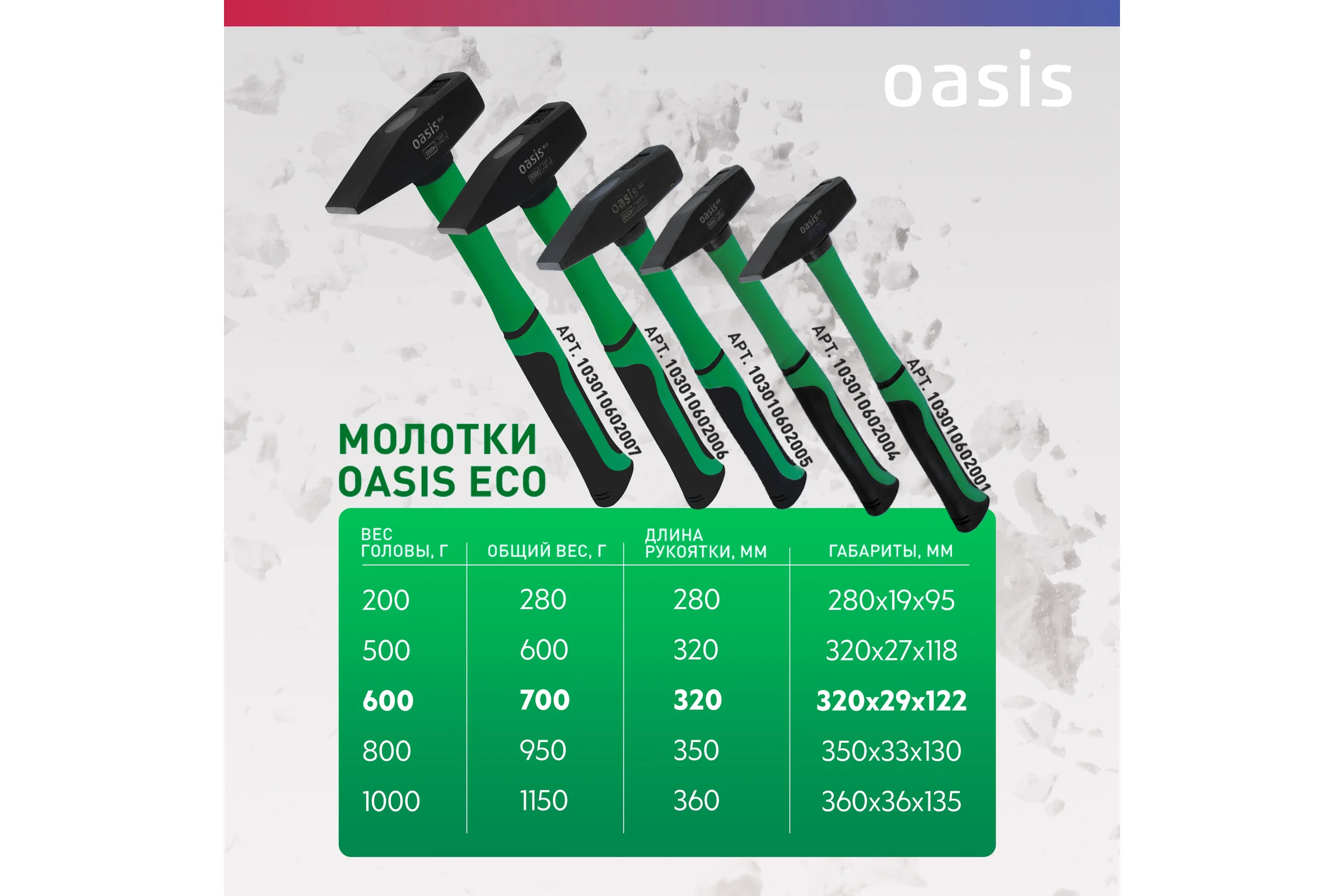 Слесарный молоток OASIS с обрезиненной фибергласовой рукояткой Eco 600 г 103010602005 4640130995850