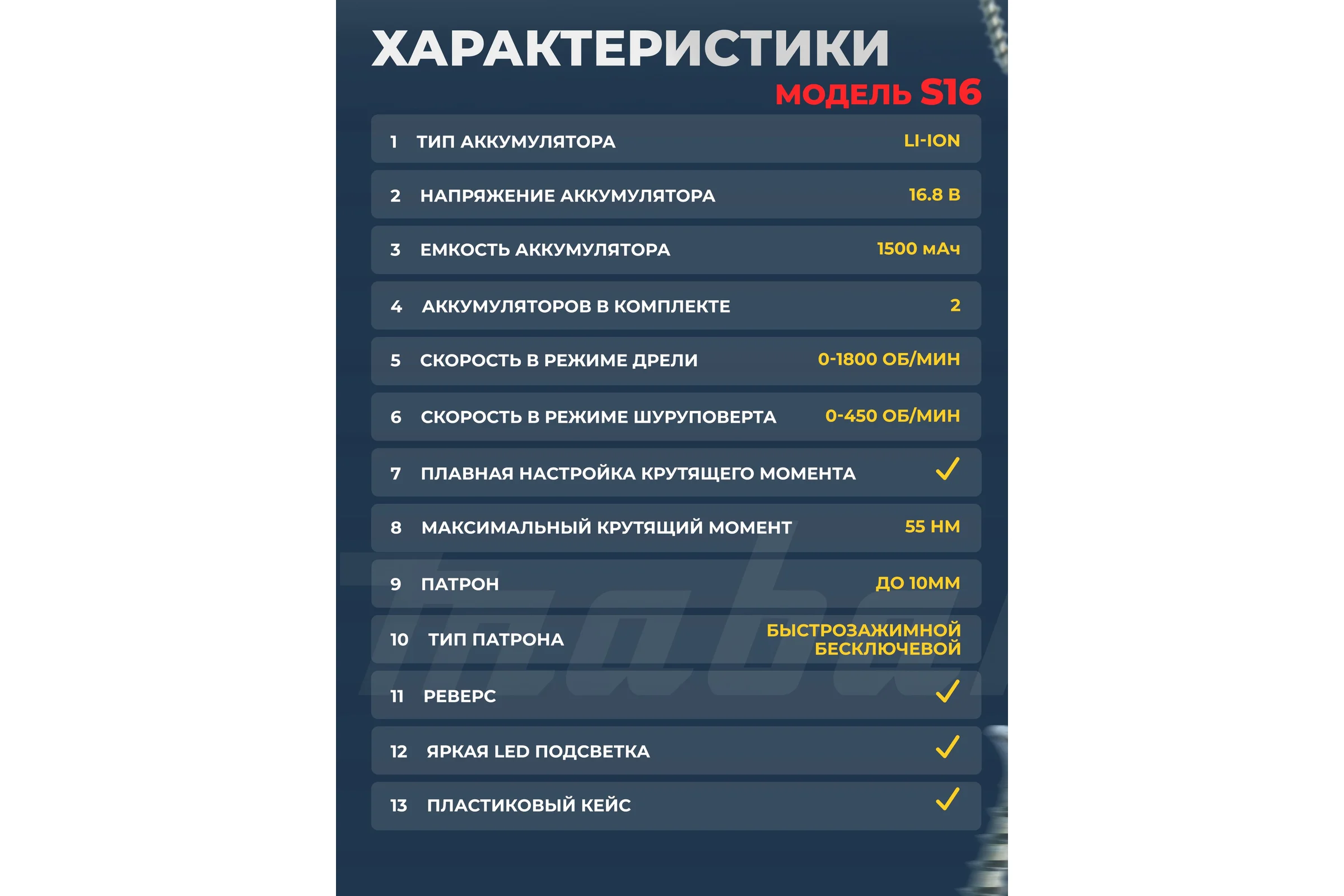 Аккумуляторная бесщеточная дрель-шуруповерт MABAR СО СВЕТОДИОДНОЙ ПОДСВЕТКОЙ РАБОЧЕЙ ЗОНЫ, МОДЕЛЬ S16 S16-4