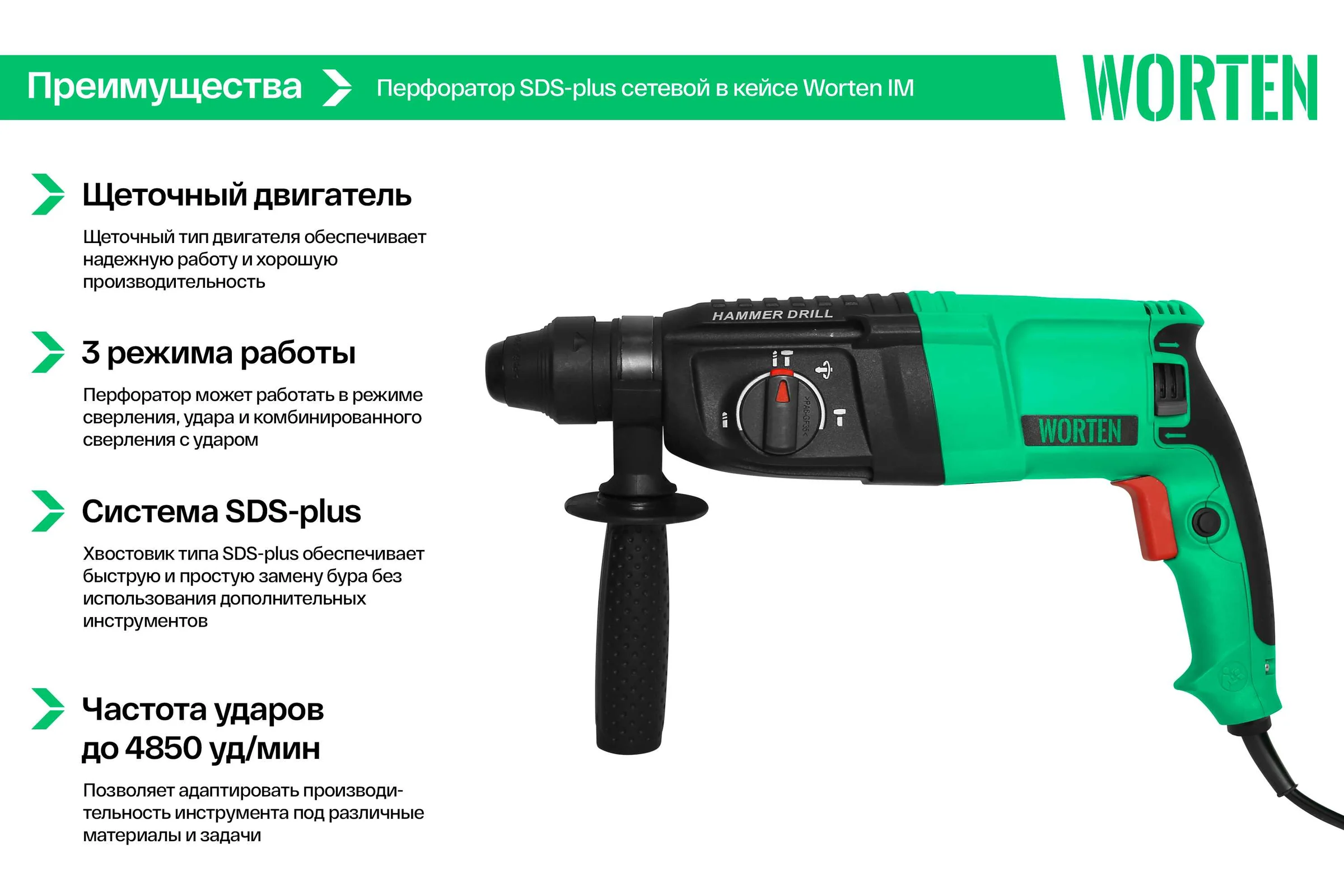Перфоратор WORTEN SDS-plus, сетевой, 870W с набором 5 буров КА-90000340