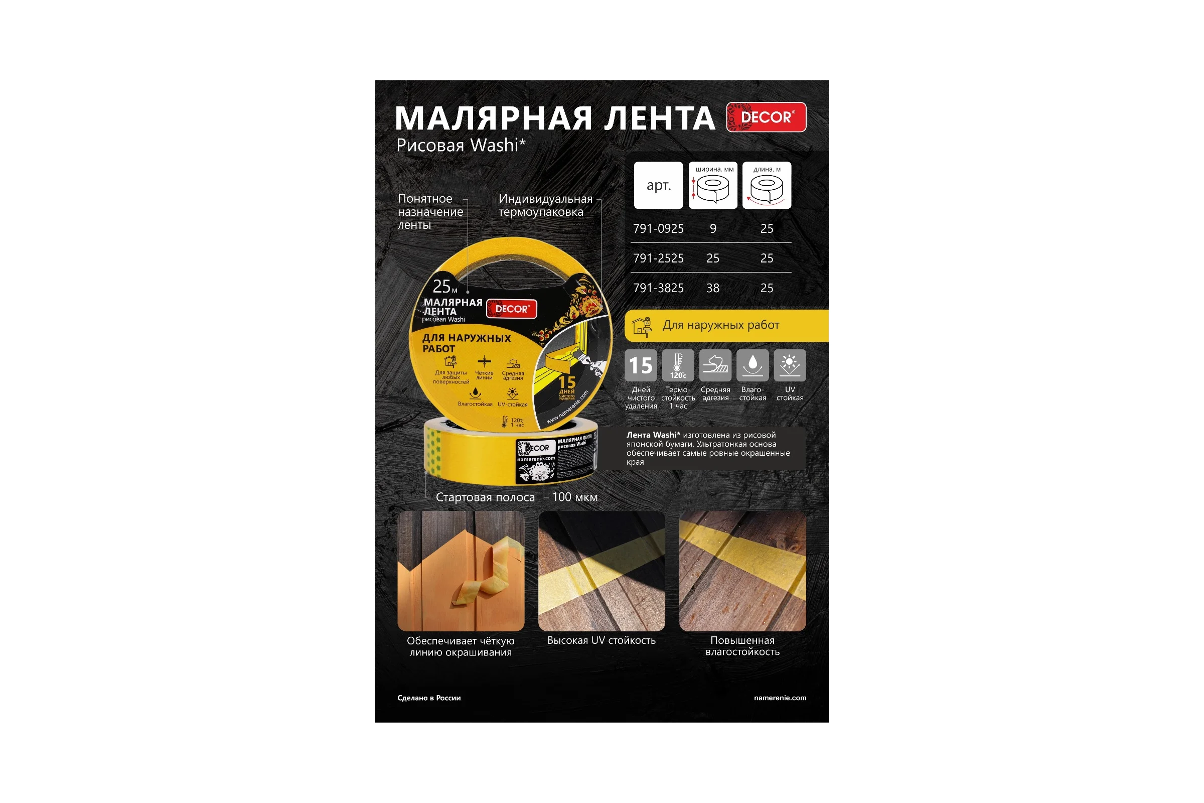 Малярная лента DECOR 9 мм, 25 м, оранжевая, для наруж. работ 791-0925 11614079